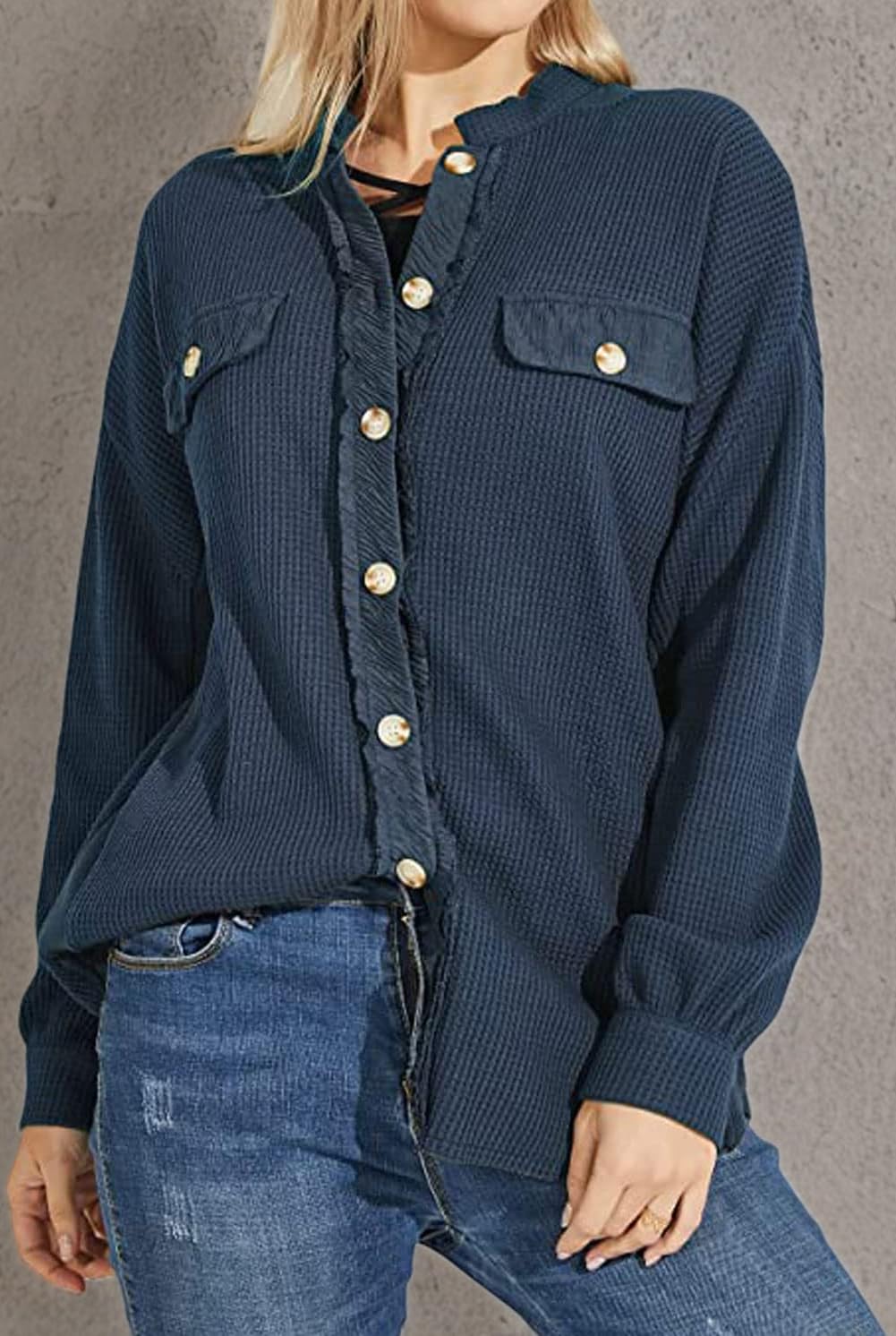Loveimgs Women's Oversized Waffle Knit Shirt - Corduroy Long Sleeve Button Down Shacket Jacket for Fall | Casual Outfit, Layering Piece & Outdoor Activities