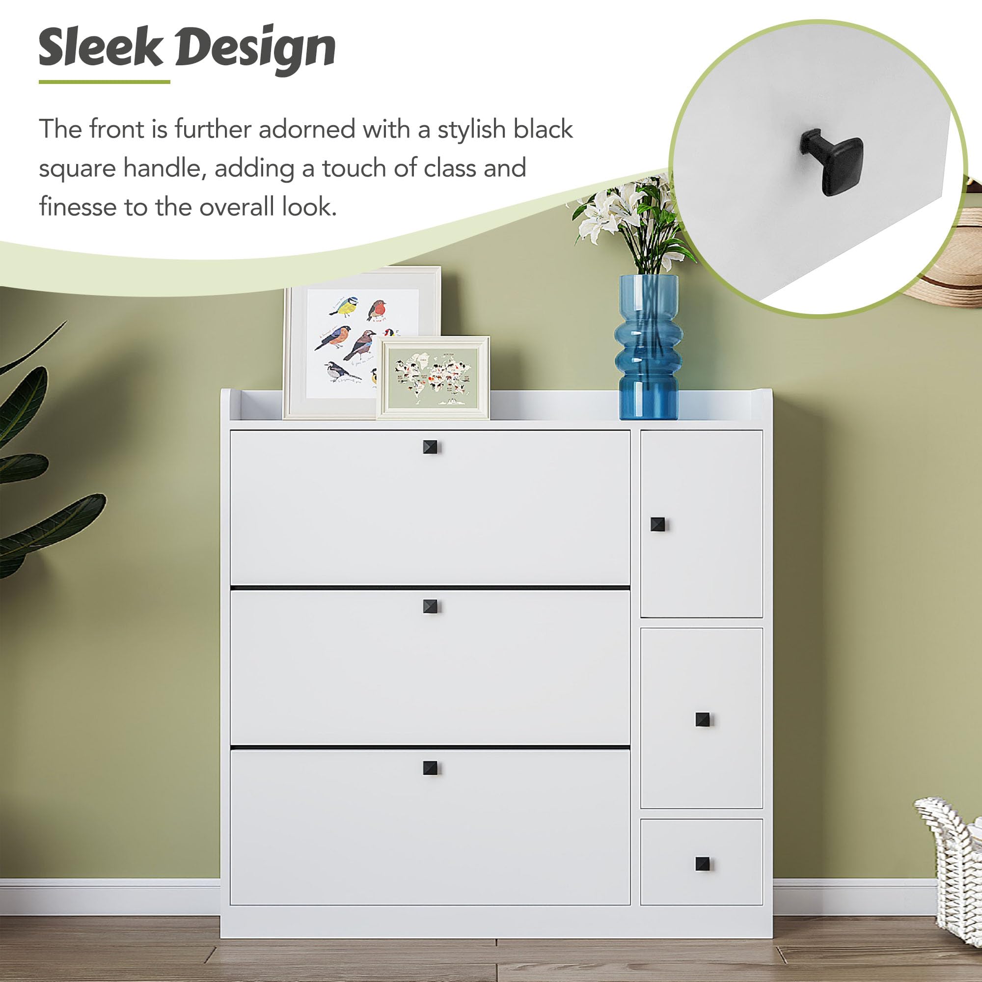 3-Tier Flip-Drawer Shoe Storage Cabinet with Bench - Freestanding Entryway Shoe Organizer for Hallway, Living Room & Apartment - Perfect for Small Spaces & Clutter-Free Home (White)