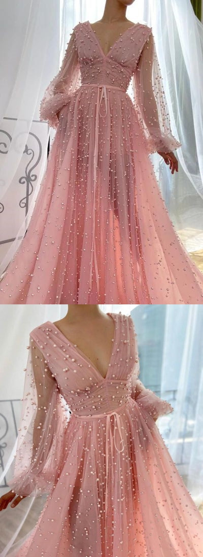 Elegant Pink A-Line V-Neck Long Sleeve Maxi Party Prom Dress for Women - Formal Evening Gown for Homecoming, Wedding Guest, and Special Occasions