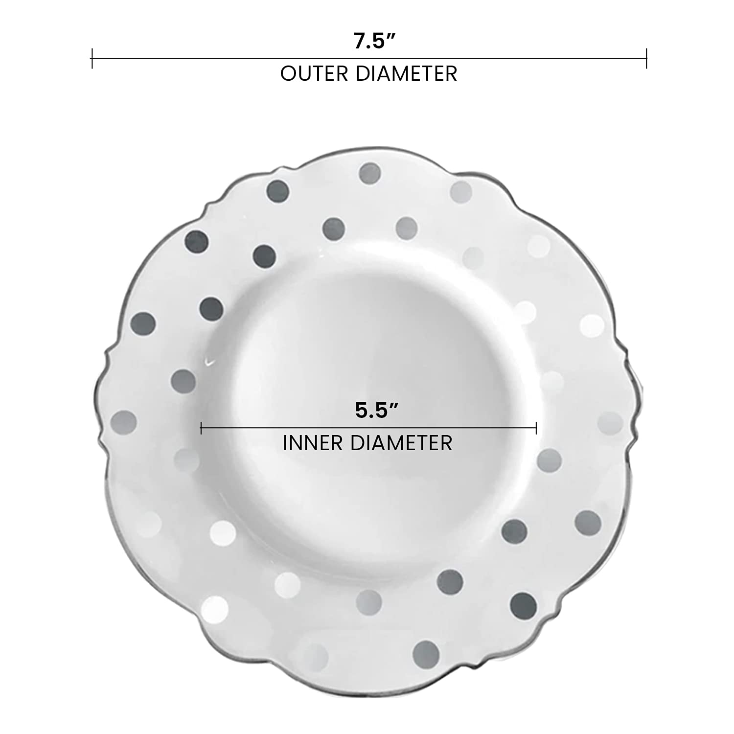 120-Pack White Plastic Plates 7.5 Inch - Elegant Disposable Round Dots Blossom Design Salad/Dessert Plates for Wedding, Birthday Party, Picnic, Catering & Special Events (Silver Trim, Bulk Pack)