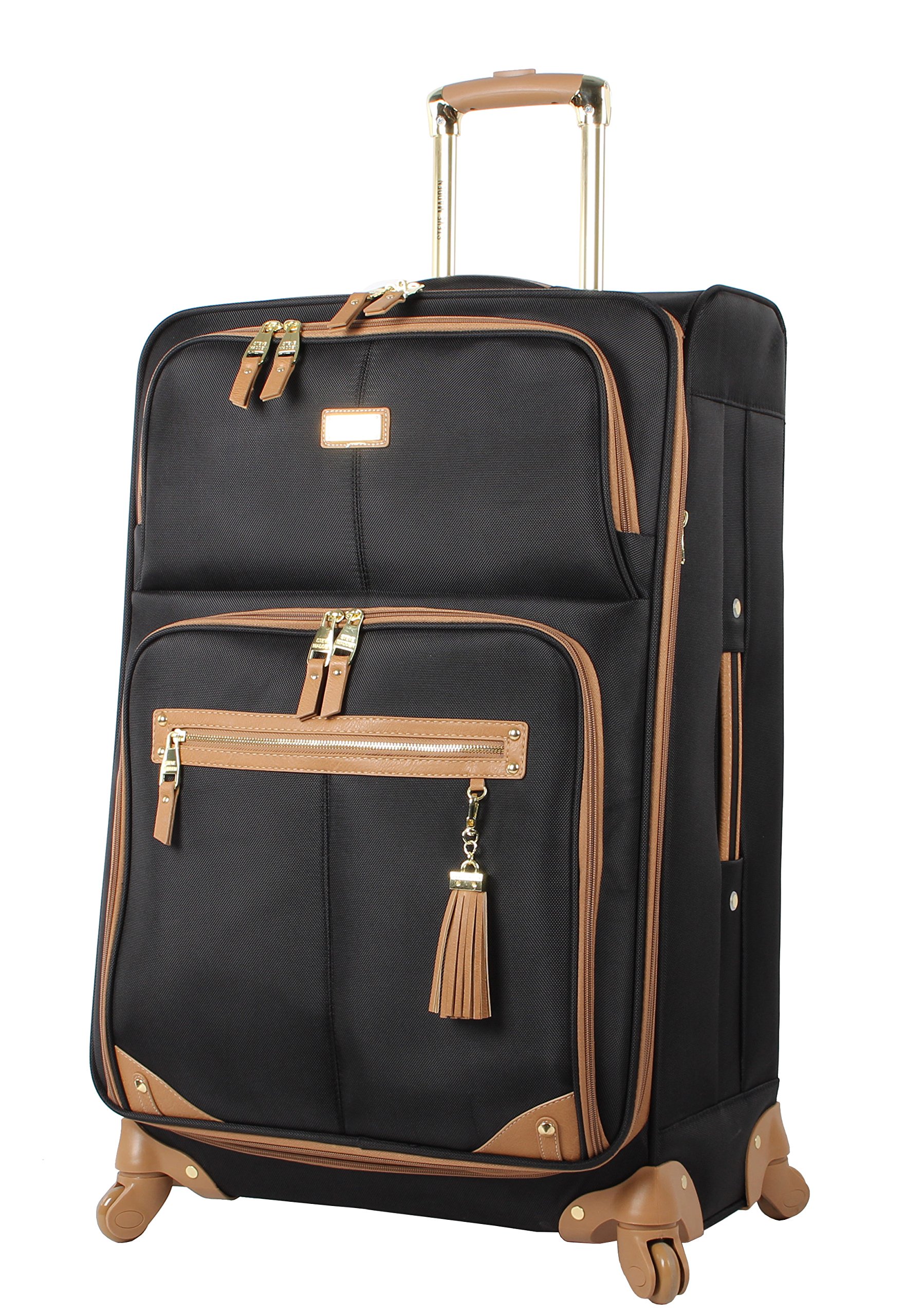 Steve Madden Designer 28 Inch Expandable Softside Suitcase - Lightweight Checked Luggage with Spinner Wheels, Harlo Black - Perfect for International Travel & Business Trips