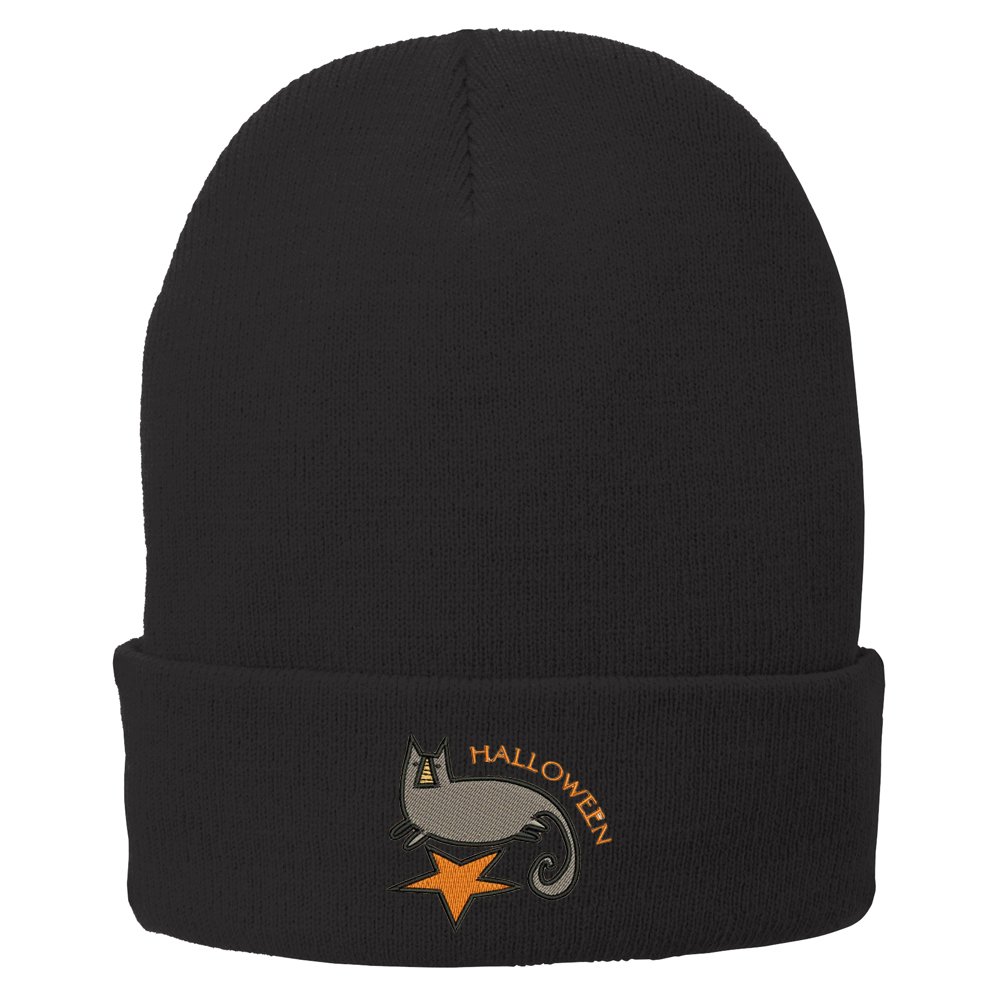 Trendy Halloween Cat Embroidered Winter Beanie Hat - Warm Folded Long Knit Cap for Women & Men - Perfect for Christmas Gifts, Outdoor Activities & Cold Weather Fashion