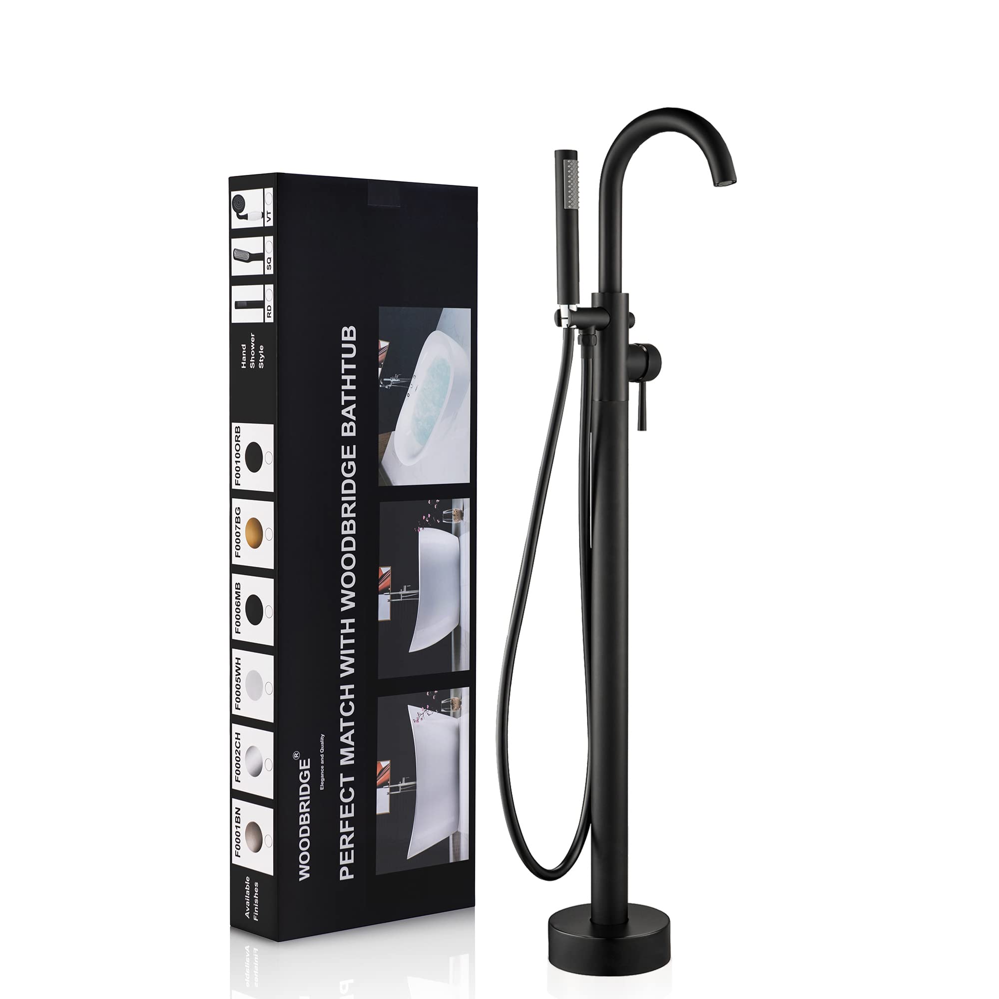 WOODBRIDGE F0006BL Matte Black Freestanding Tub Filler Faucet with Hand Shower - Contemporary Single Handle Floor Mount Bathtub Faucet for Modern Bathroom & Spa Relaxation