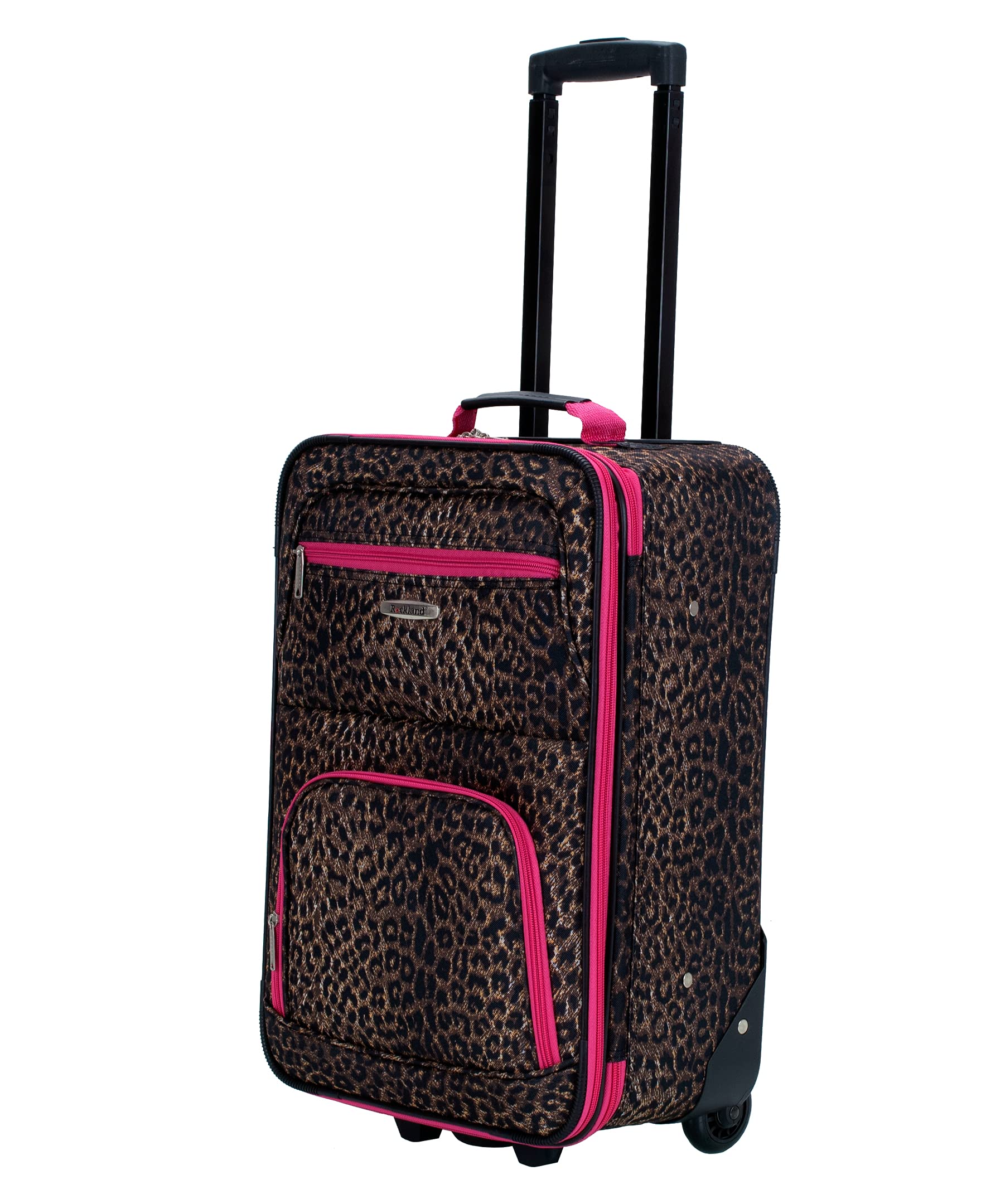 Rockland Jungle Softside Upright Luggage Set - 4-Piece Pink Leopard Print Suitcase (14/29/24/28 Inch) for Travel, Vacation & Business Trips - Lightweight Durable Spinner Luggage with TSA Lock