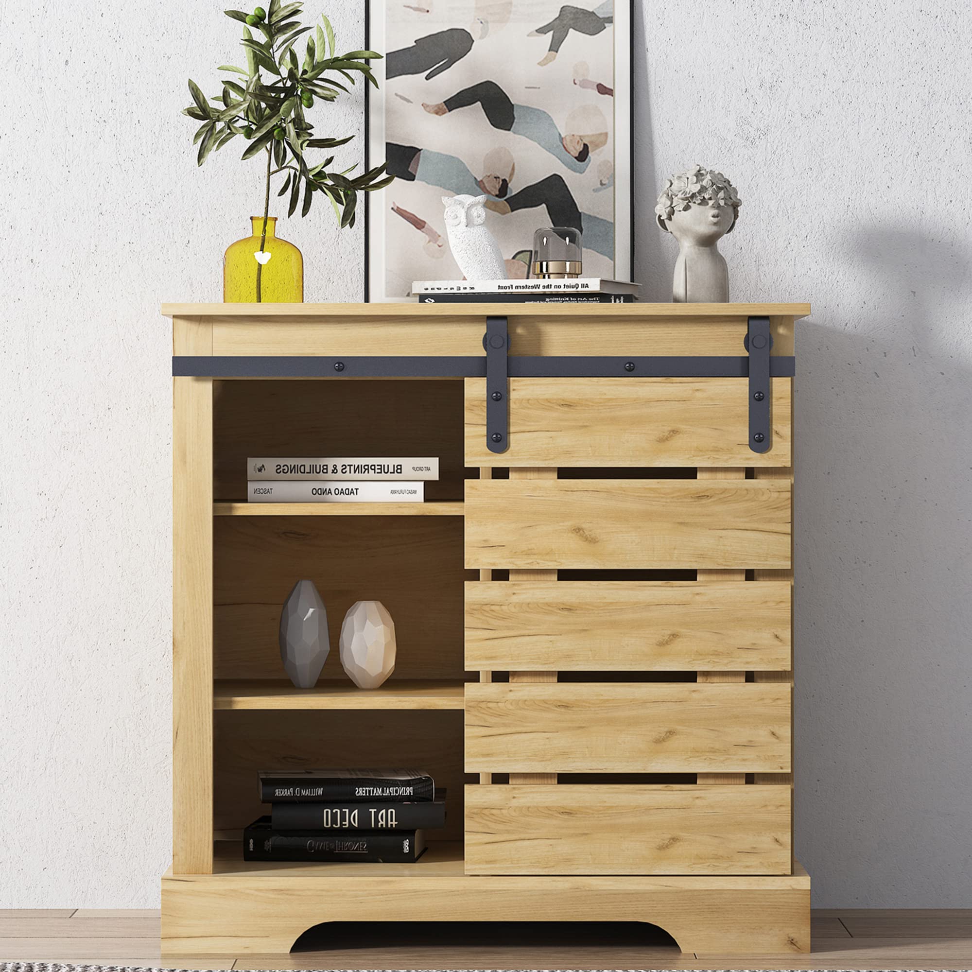 Modern Farmhouse Buffet Sideboard with Sliding Barn Door - Light Brown Storage Cabinet with 5 Shelves, Console Table & Coffee Bar Station for Dining Room, Living Room & Kitchen Organization