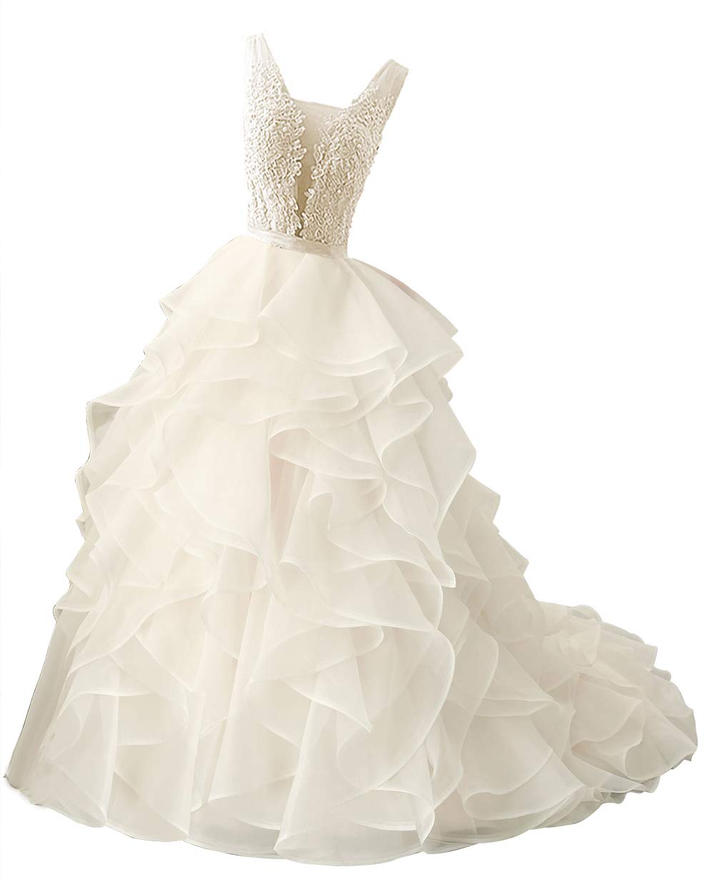 Elegant Lace V-Neck A-Line Wedding Dress with Ruffles for Bride | Perfect for Church Ceremony, Beach Wedding, and Formal Reception