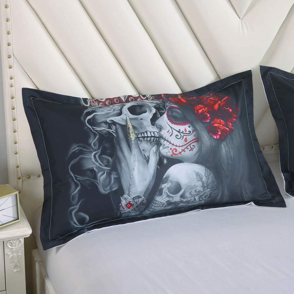 Suncloris 3D Sugar Skull Girl Kissing Skull Duvet Cover Set - Queen Size Bedding with Pillowcases (No Comforter Included) | Gothic Home Decor for Teens & Adults Bedroom