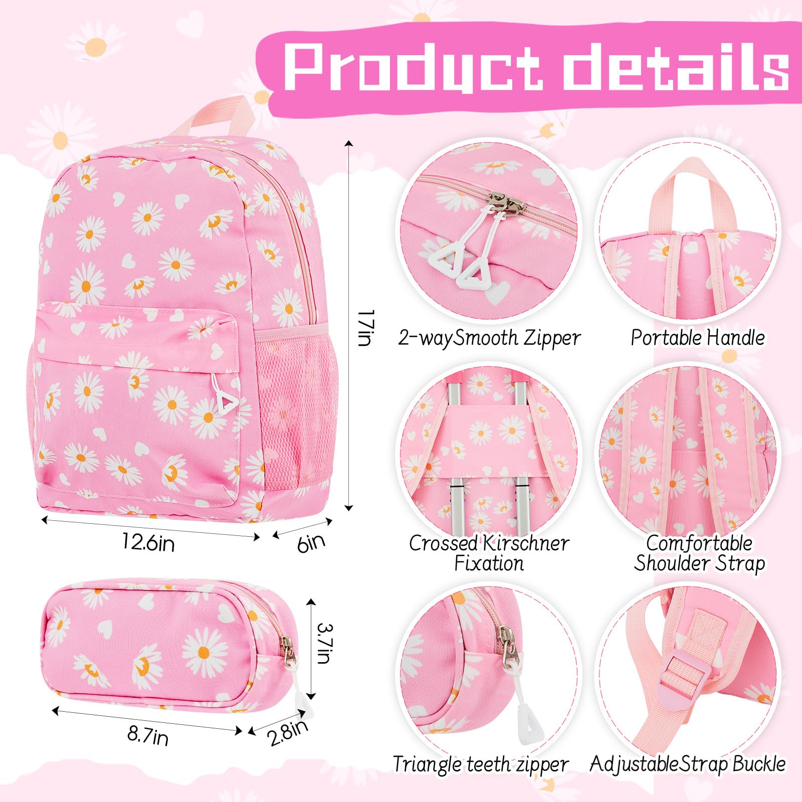 Redbaker 6-Piece Kids Luggage Set - 17 Inch Rolling Suitcase for Girls & Boys with Double Pattern Design (Pink Daisy Style) - Perfect for Travel, Birthday Gifts & School Trips