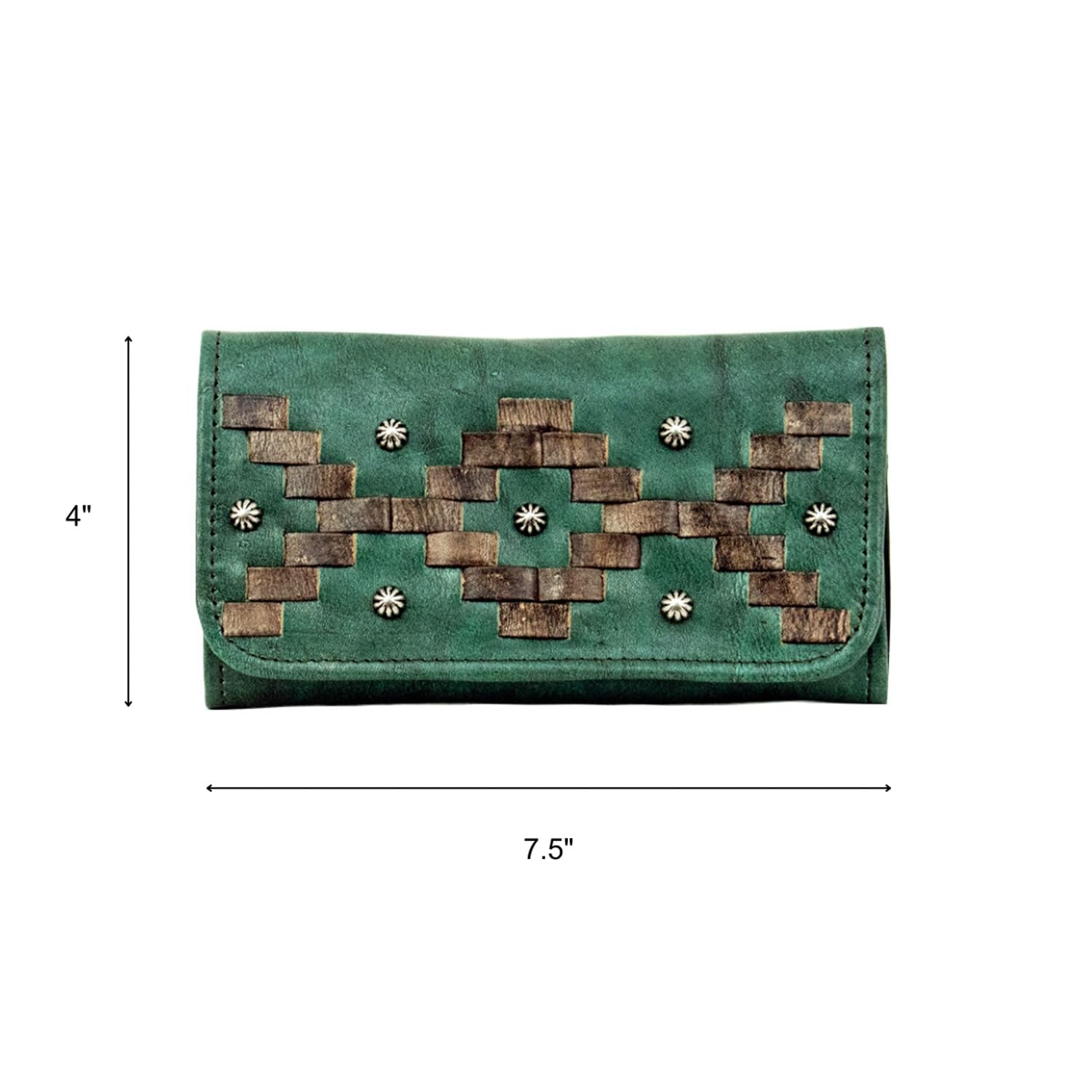 American West Leather Tribal Weave Women's Tri-Fold Wallet - Handmade Genuine Leather with Marine Turquoise Accents | Perfect for Everyday Use, Travel & Gift Giving