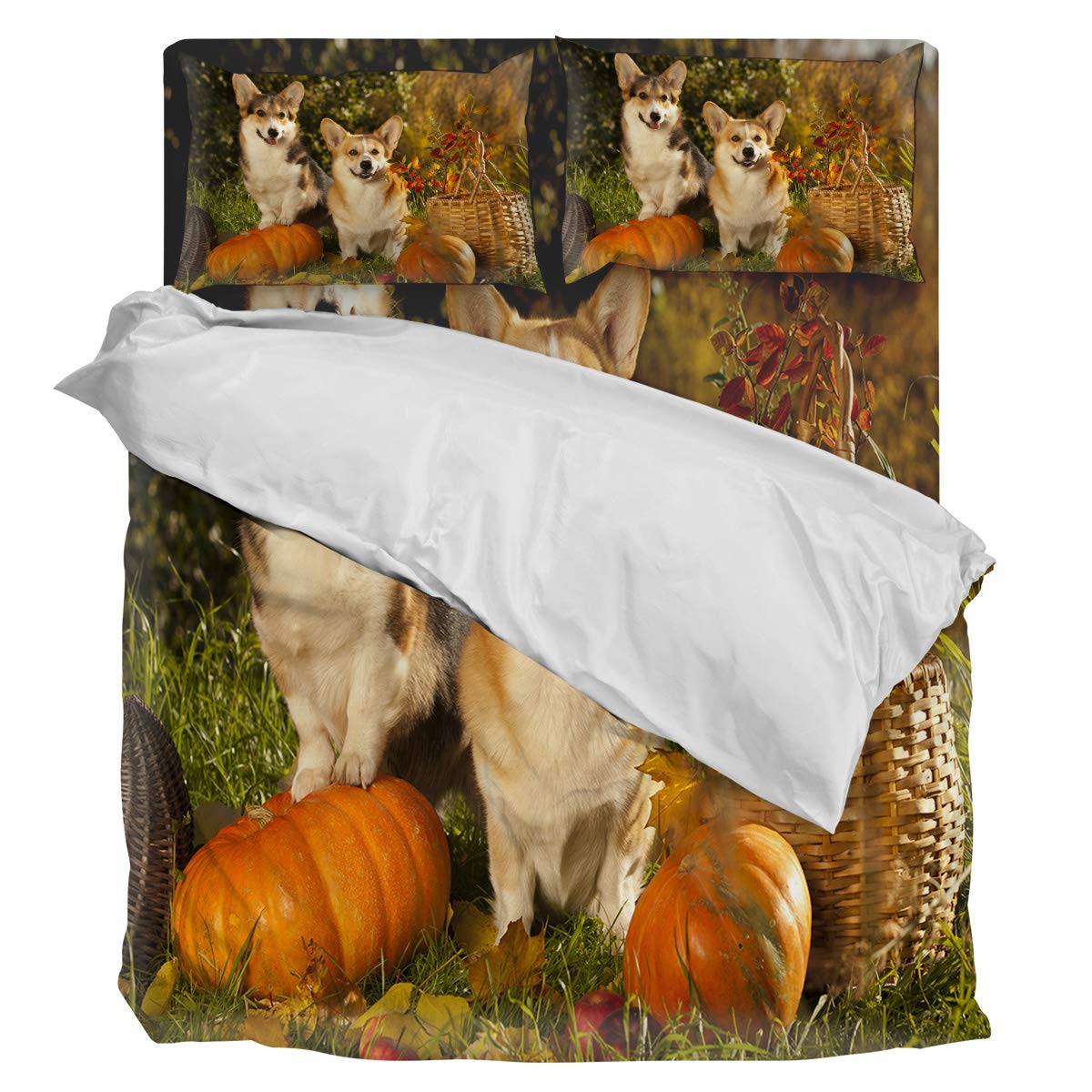 **Aiesther 4-Piece Corgi Pumpkin Bedding Set - Soft Twill Plush Duvet Cover, Flat Sheet & 2 Pillowcases for King Size Bed | Cozy & Cute Dog-Themed Bedroom Decor for Kids, Boys, Girls & Adults**