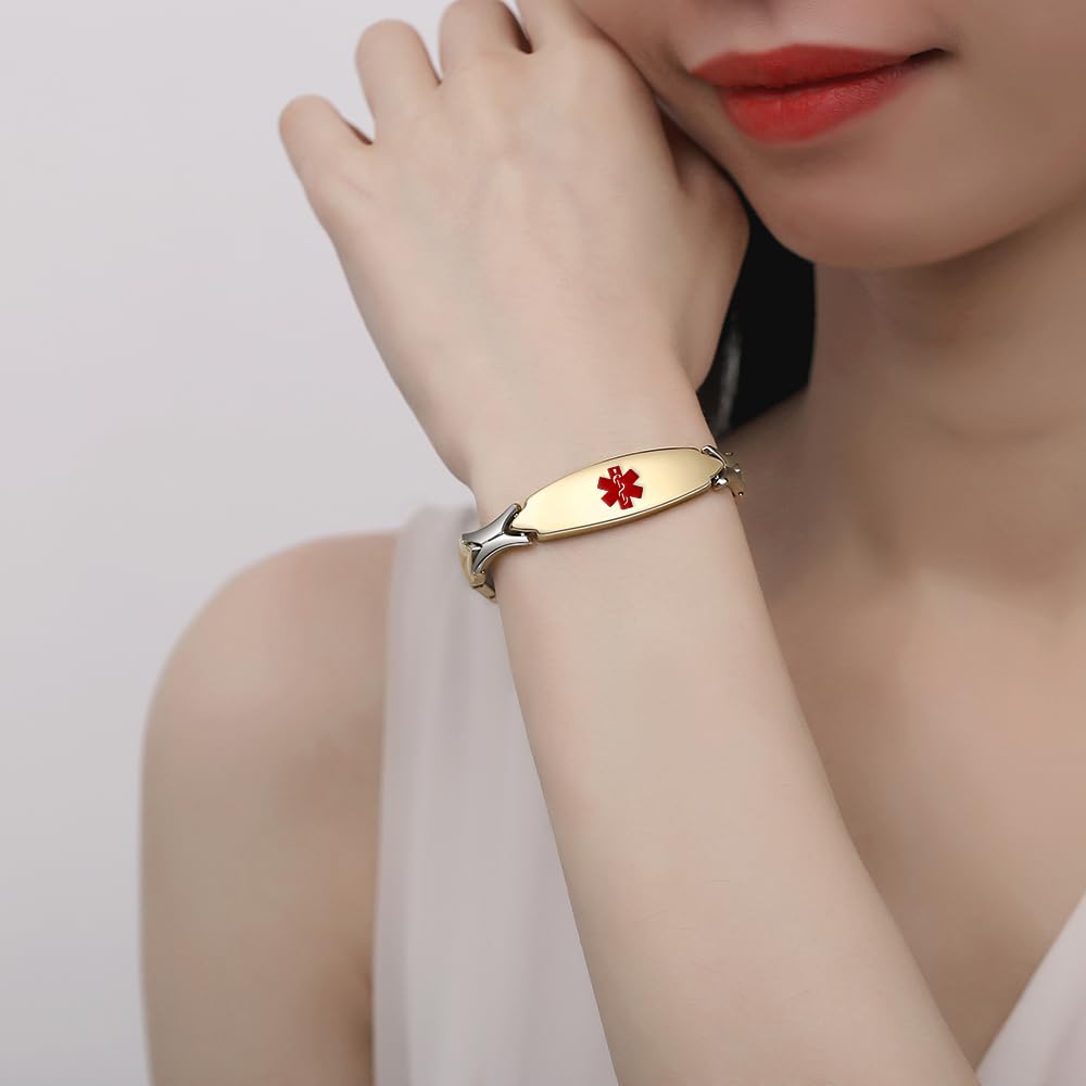 LinnaLove Shiny Stainless Steel Medical Alert ID Bracelet for Women - Free Engraving, Hypoallergenic, Waterproof | Perfect for Diabetes, Allergies & Emergency Medical Identification
