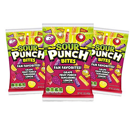 Sour Punch Bites Fan Favorites - Grape, Fruit Punch, Tangerine & Lemon Flavored Soft Chewy Candy - 5oz Pack of 3 - Perfect for Birthday Parties, Halloween Treats & Movie Night Snacks