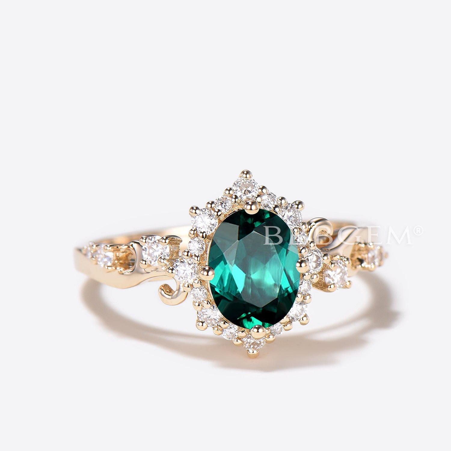 Oval Cut Emerald Engagement Ring 14k Yellow Gold Snowdrift Halo Diamond Ring for Women - Perfect for Proposals, Anniversaries & Bridal Jewelry