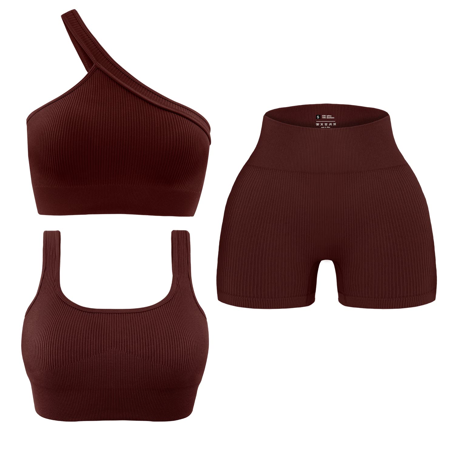 OLCHEE Women's 3 Piece Workout Set - Seamless Ribbed Yoga Outfit with One Shoulder Sports Bra & High Waist Shorts for Gym, Running, Yoga & Athletic Training | Comfortable & Stylish Activewear for Women