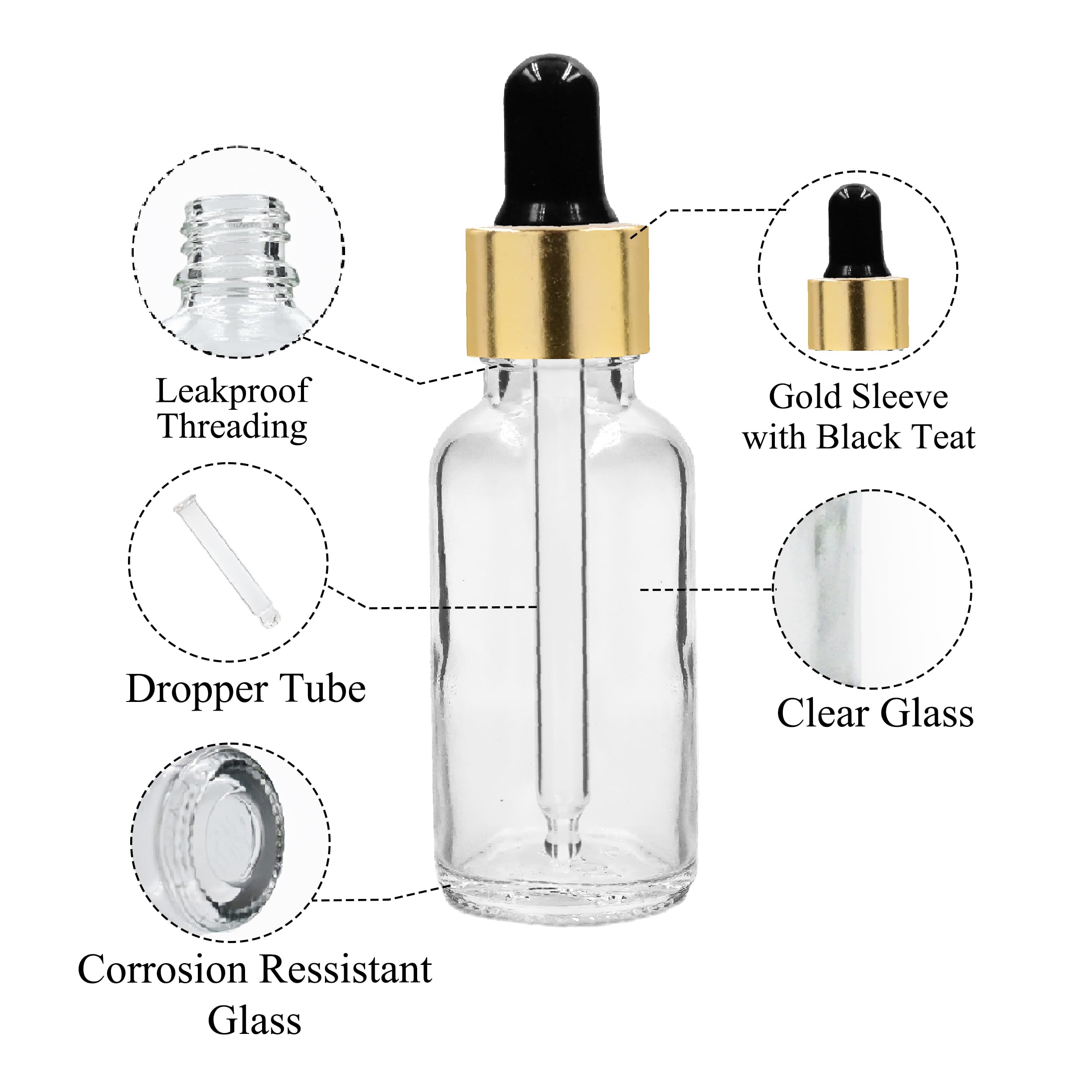 30ML Clear Round Empty Glass Bottle with Glass Dropper & Gold Sleeve - Leak Proof Refillable Essential Oil Bottles for DIY Perfumes, Serums, Aromatherapy - Perfect for Home Spa, Travel & Gift Packaging