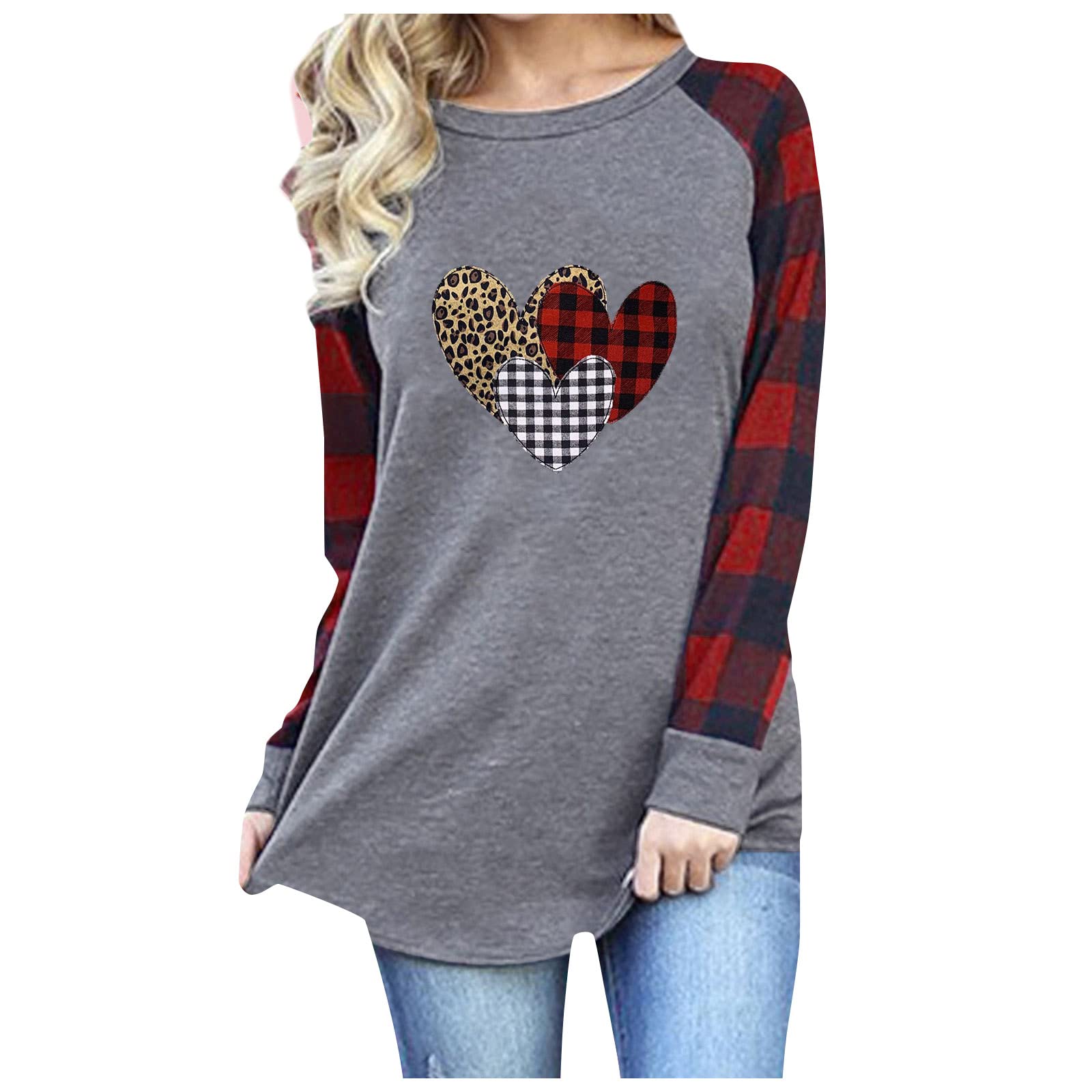 Funny Valentine's Day Shirts for Women - Leopard Heart Graphic Long Sleeve Raglan Baseball Tee in Buffalo Plaid | Cute Casual Outfit for Date Night & Gift Giving