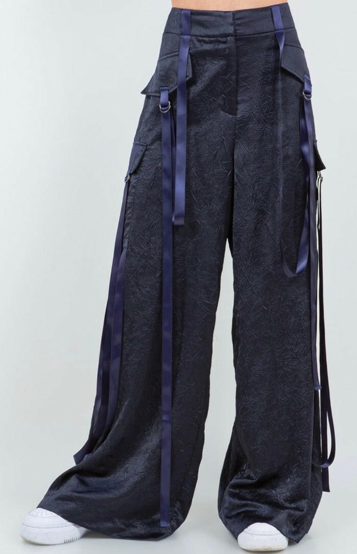 Elegant Satin Crinkle Multi-Strap Trousers for Women - High Waisted Wide Leg Pants for Party, Office & Evening Wear