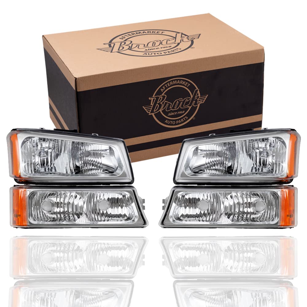 Brock Chrome Headlights & Parking Signal Lights Set - Compatible with 2003-2006 Chevy Avalanche & Silverado Pickup Trucks - High Performance Replacement for Improved Night Driving Safety