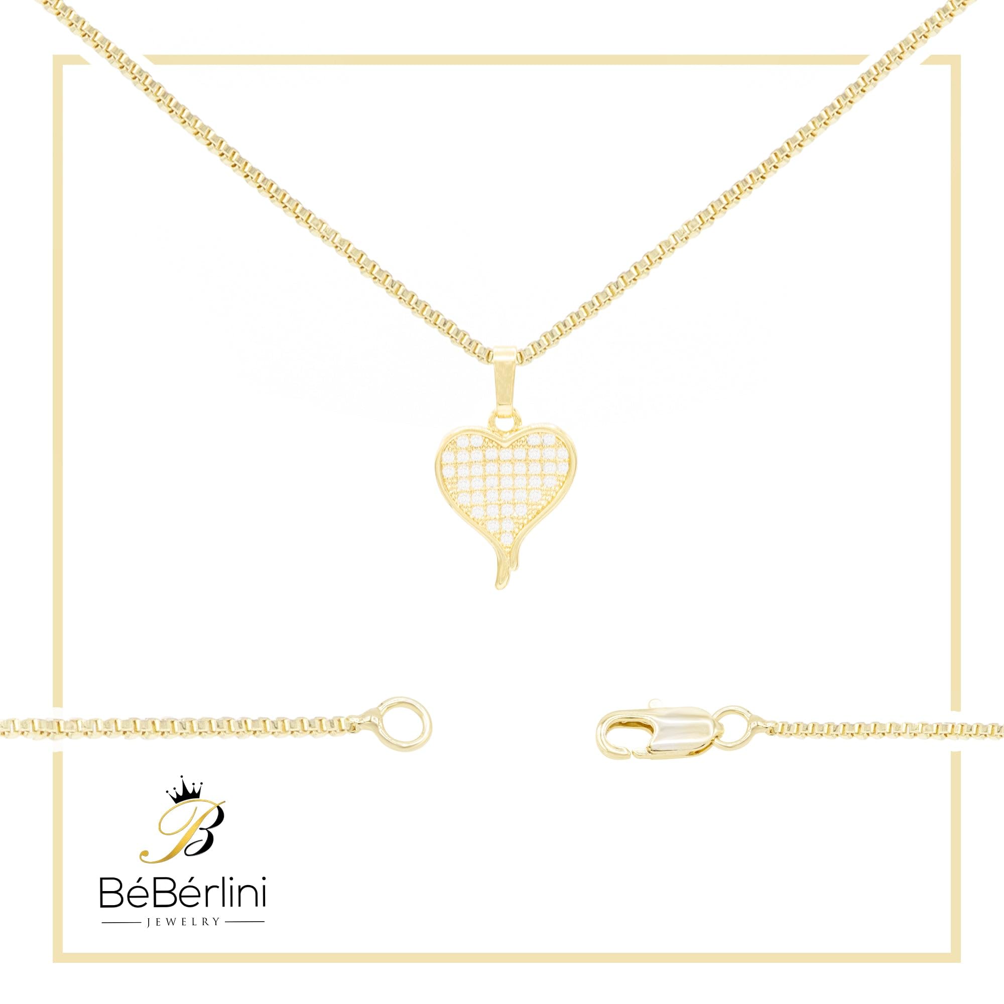 BEBERLINI Heart CZ Charms 14K Gold Filled Box Chain Charm Pendant Necklace Set for Women - 18 Inch Elegant Jewelry Gift for Valentine's Day, Anniversary & Special Occasions