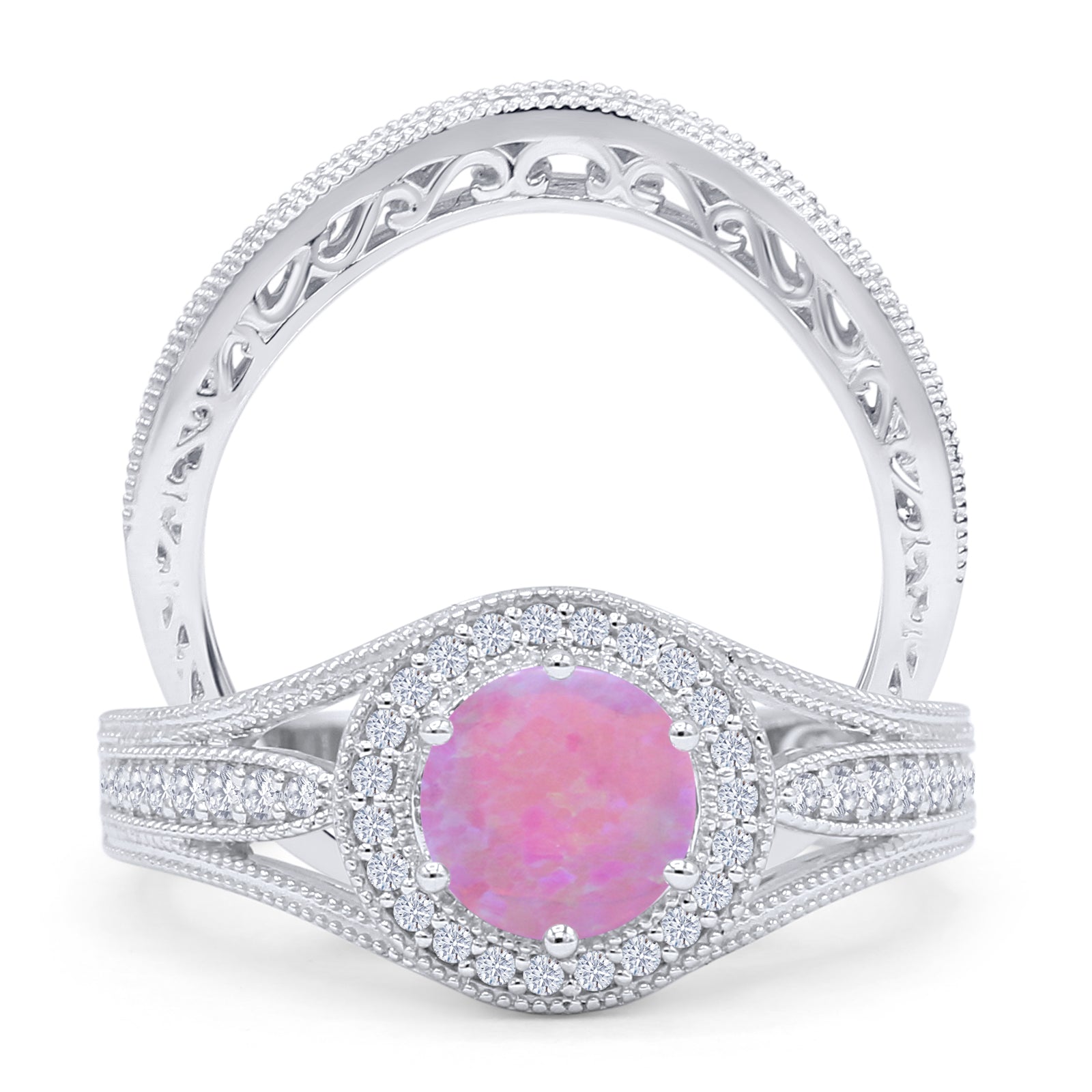 14K White Gold Two Piece Round Halo Split Shank Curved Contour Band Lab-Created Pink Opal Ring - Elegant Engagement, Wedding, Anniversary Gift for Her
