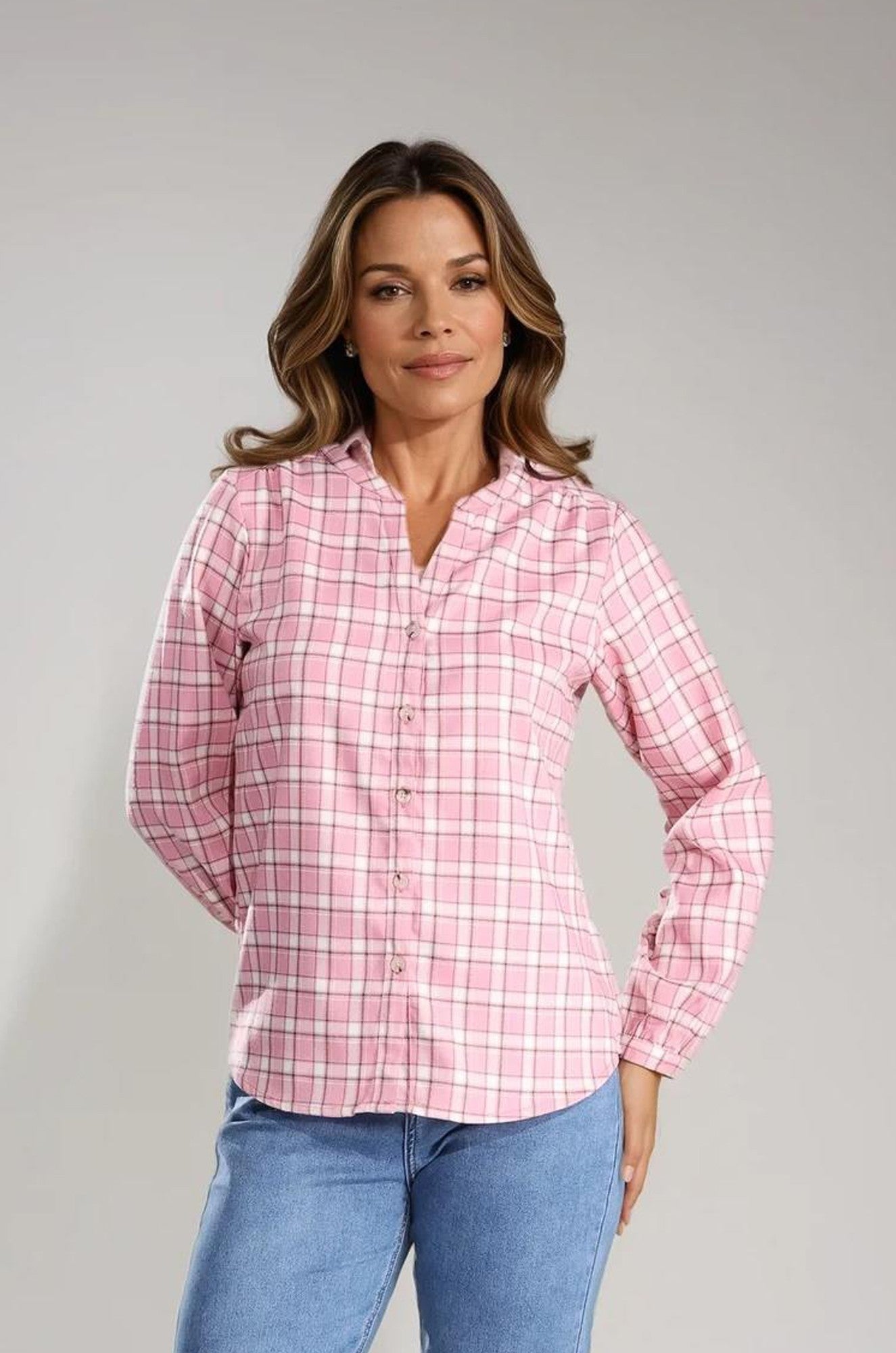 Stylish Pink Gold Lurex Country Check Shirt for Women - Trendy Casual Button Down Top for Everyday Wear, Date Nights & Outdoor Activities
