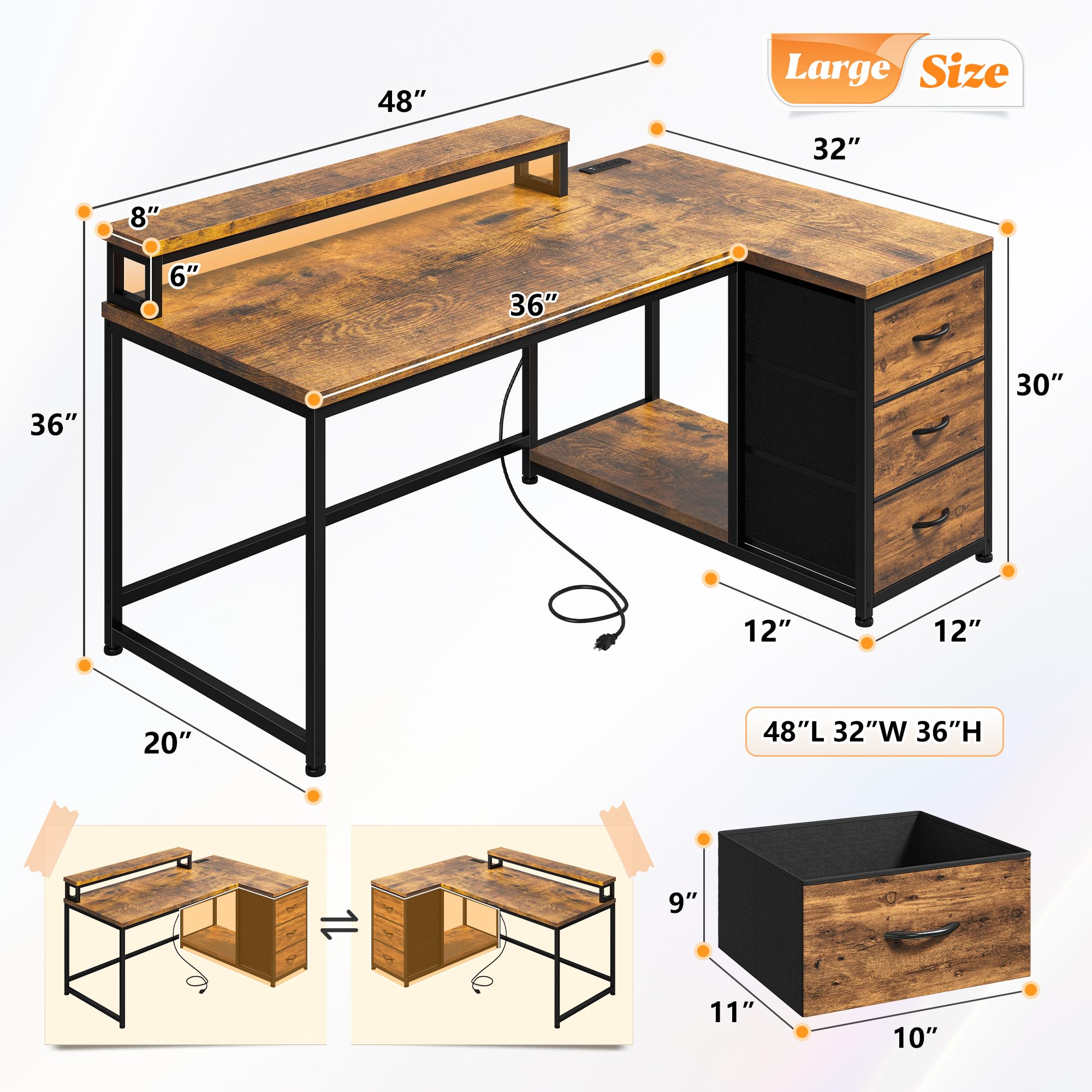 EnHomee 48-Inch L-Shaped Gaming Desk with LED Lights & Power Outlet - Reversible Corner Computer Desk with Drawers & Monitor Stand - Perfect for Gaming Setup, Home Office, or Bedroom - Rustic Brown Finish