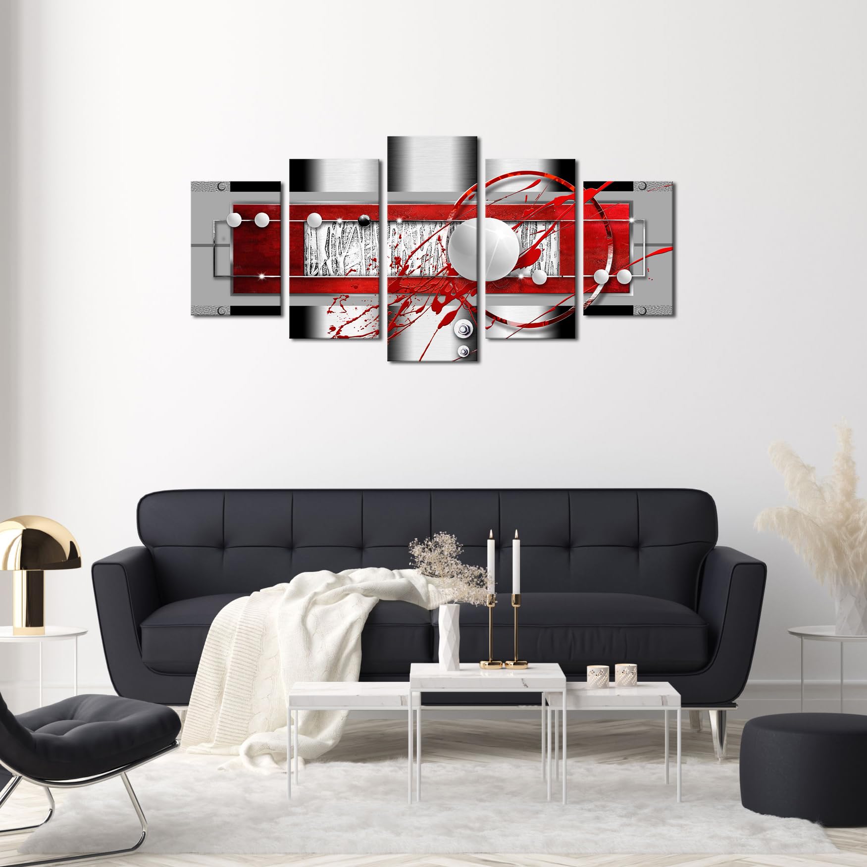 Abstract Canvas Wall Art - Red Black Grey Framed Painting for Living Room Decor - Modern Round Line HD Print - Home & Office Decor