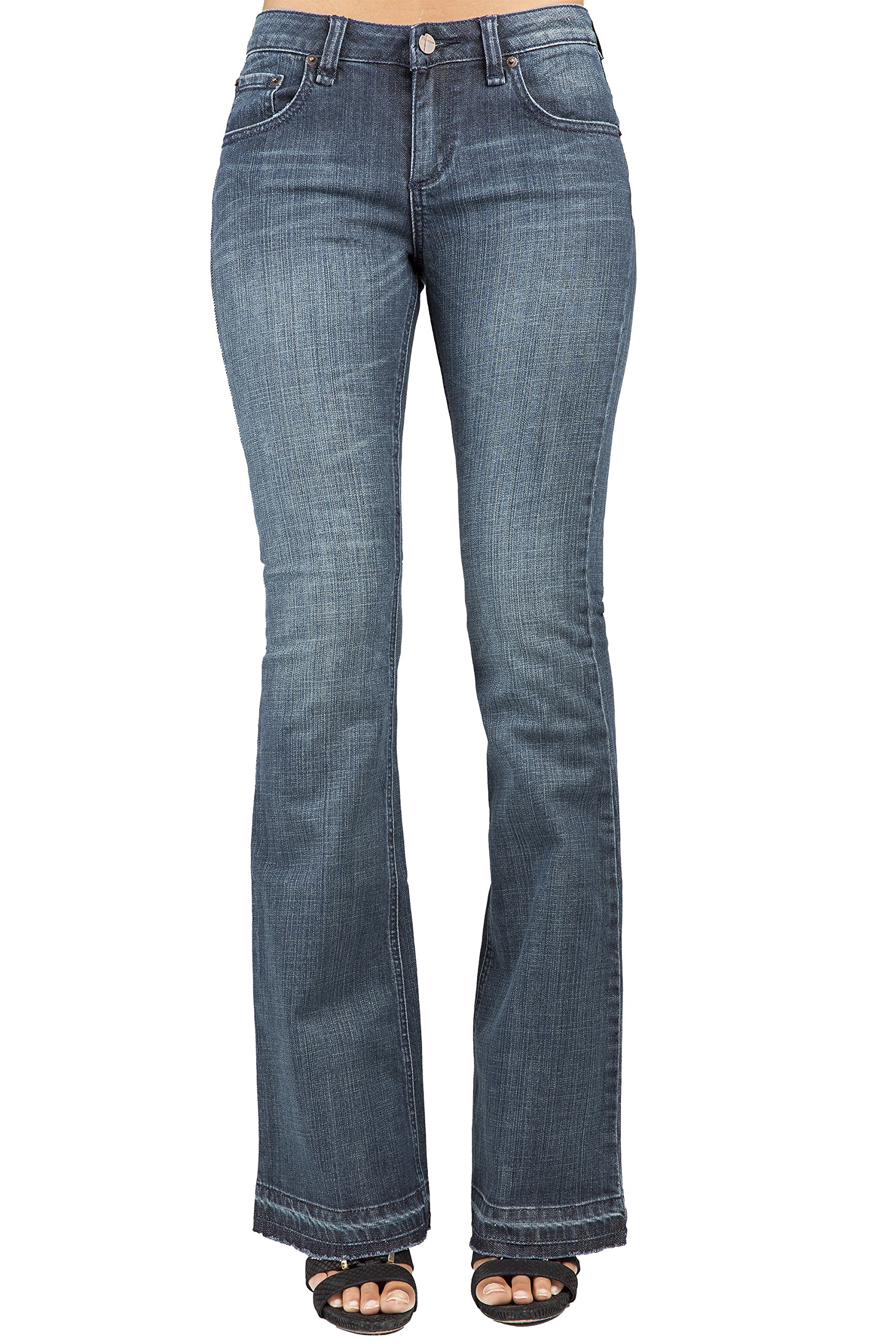 Premium Women's Blue Denim Whisker Wash Raw Edge Flare Jeans - High Quality Stretch Denim Pants for Casual Wear & Everyday Fashion