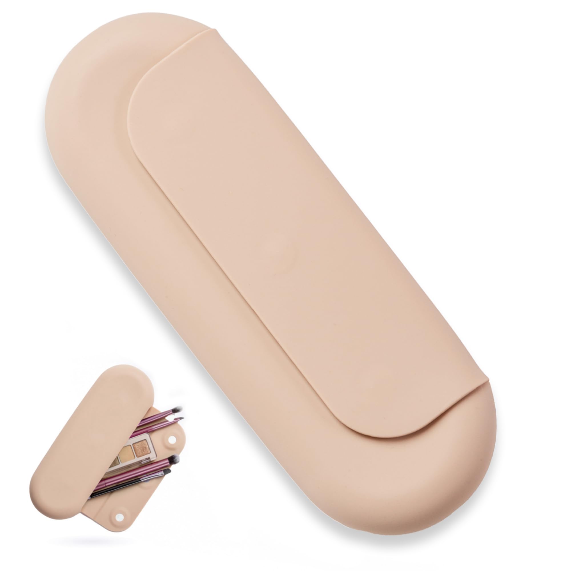 Premium Silicone Makeup Brush Holder - Travel-Friendly Magnetic Closure Cosmetic Organizer Case (Khaki) | Perfect for Home Vanity, Travel & On-The-Go Makeup Storage