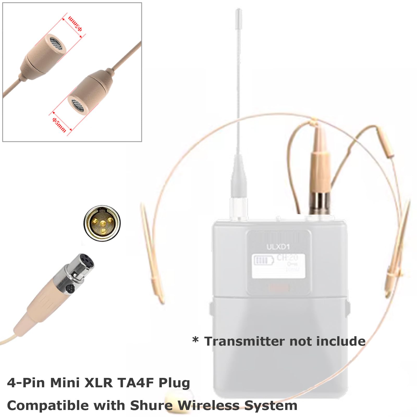 Professional Headset Microphone with Omnidirectional Condenser - Over-Ear Design, Mini XLR 4-Pin TA4F Plug - Compatible with Shure Wireless Bodypack Transmitter System - Ideal for Live Performances, Broadcasting & Public Speaking
