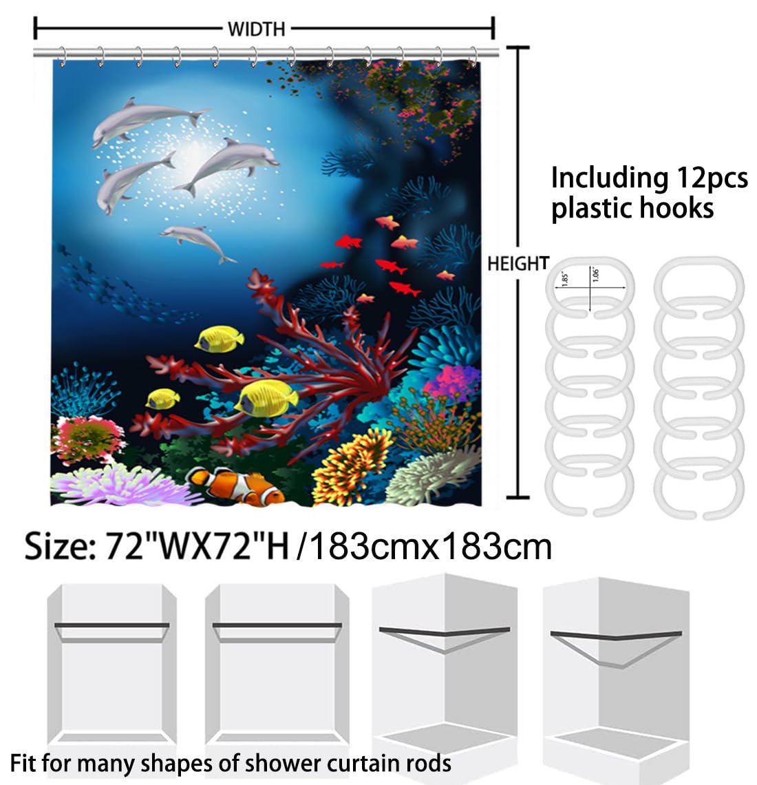 Blue Ocean Bathroom Sets for Kids - Shower Curtain with White Dolphins & Fish, Bath Mat, Toilet Seat Cover & Rugs | Boys & Girls Coastal-Themed Bathroom Decor | Perfect for Beach House, Nursery or Kids' Bathroom Makeover