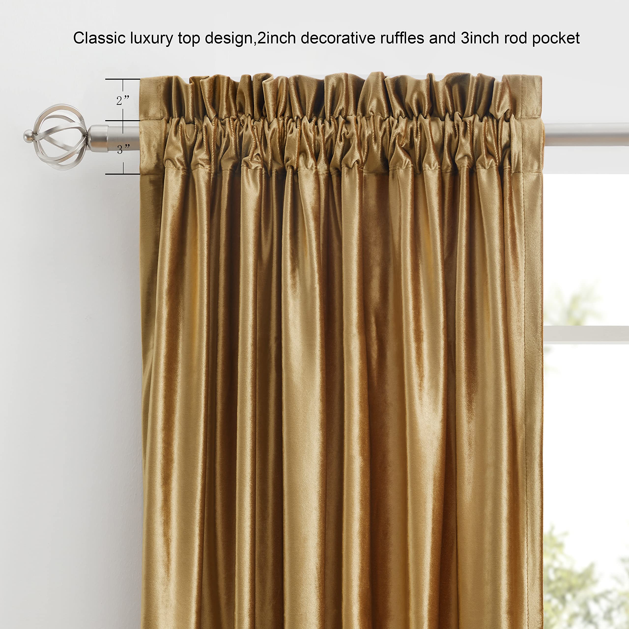 Premium Blackout Curtains Set of 2 - 63 Inch Velvet Rod Pocket Drapes in Golden PRIMROSE for Living Room & Bedroom | Thermal Insulated Room Darkening Window Treatments for Better Sleep & Energy Savings