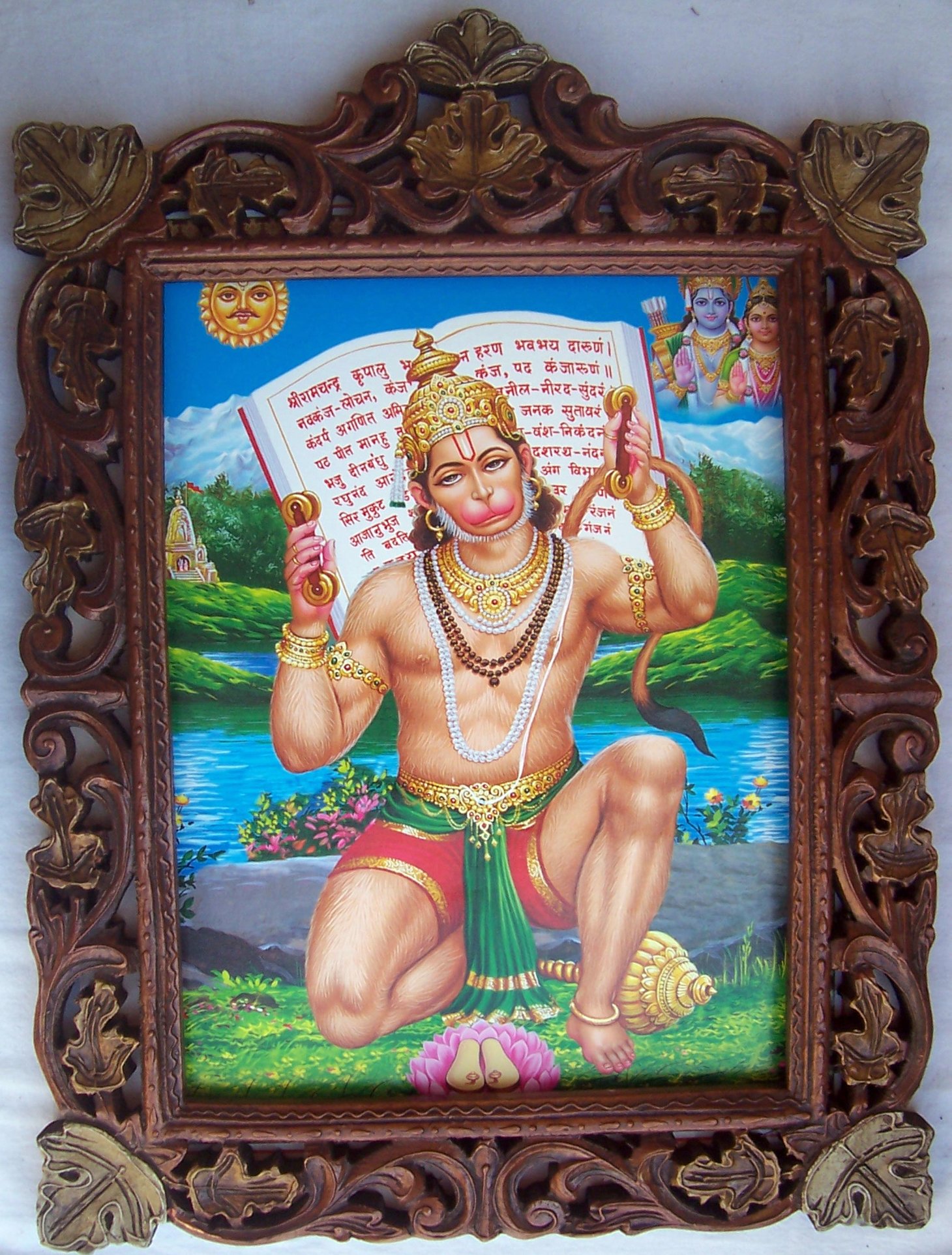 Lord Hanuman Meditation Poster - Ramayana Art Painting in Handcrafted Wood Frame - Hindu Spiritual Decor for Home Temple & Yoga Studio