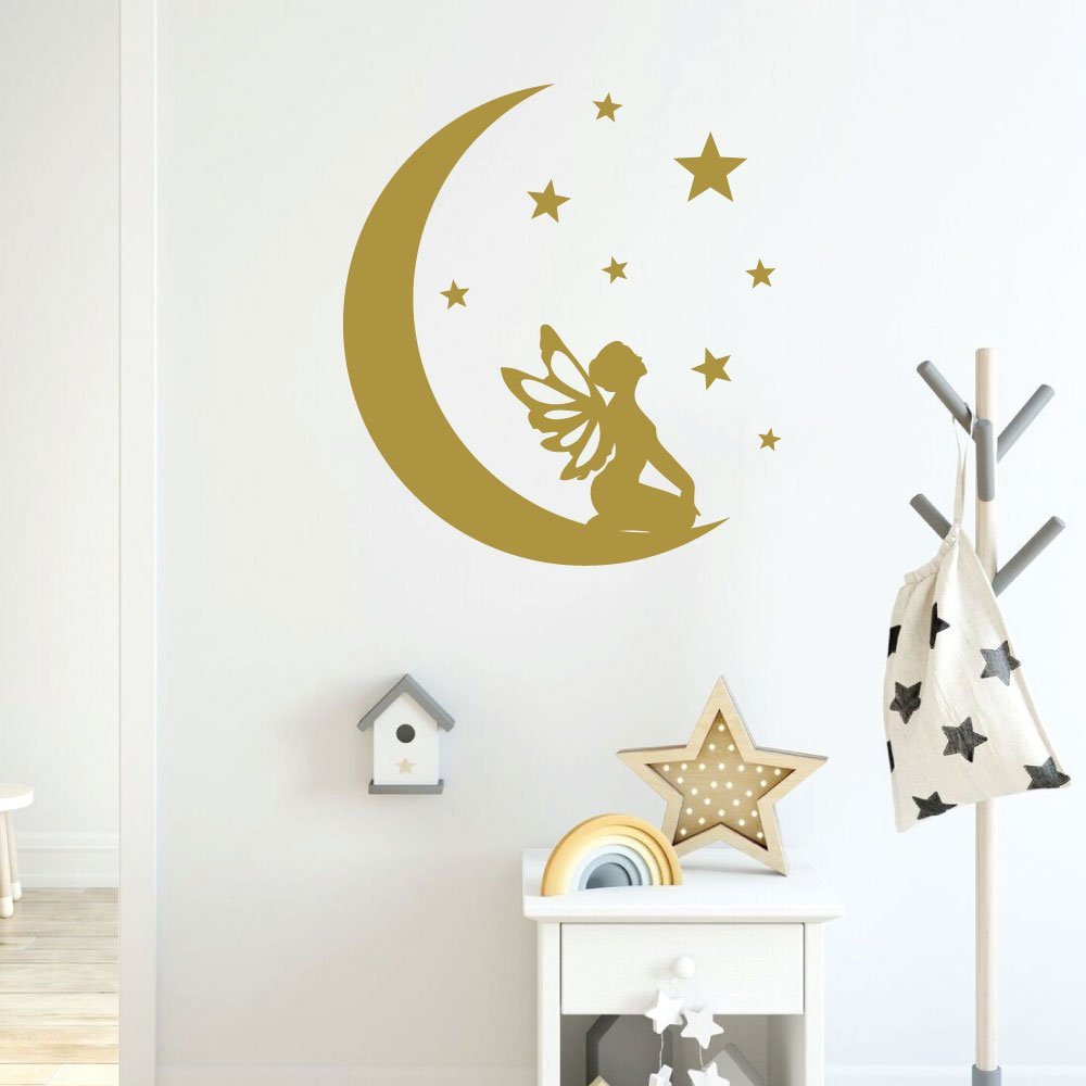 Fairy Wall Decal with Moon and Stars - Removable Vinyl Sticker for Nursery, Girls Bedroom, Teen Room Decor - Perfect for Fairy Themed Parties, Baby Showers & Kids Room Decorations