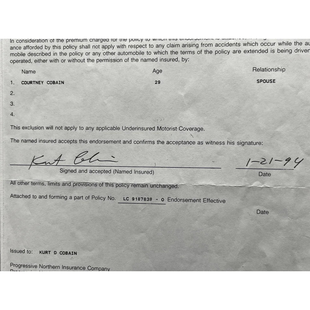 Authentic Kurt Cobain Hand Signed Car Insurance Policy Letter - Framed with JSA COA - Rare Nirvana Memorabilia for Collectors & Music Fans - Perfect for Display in Home, Office, or Music Room Decor