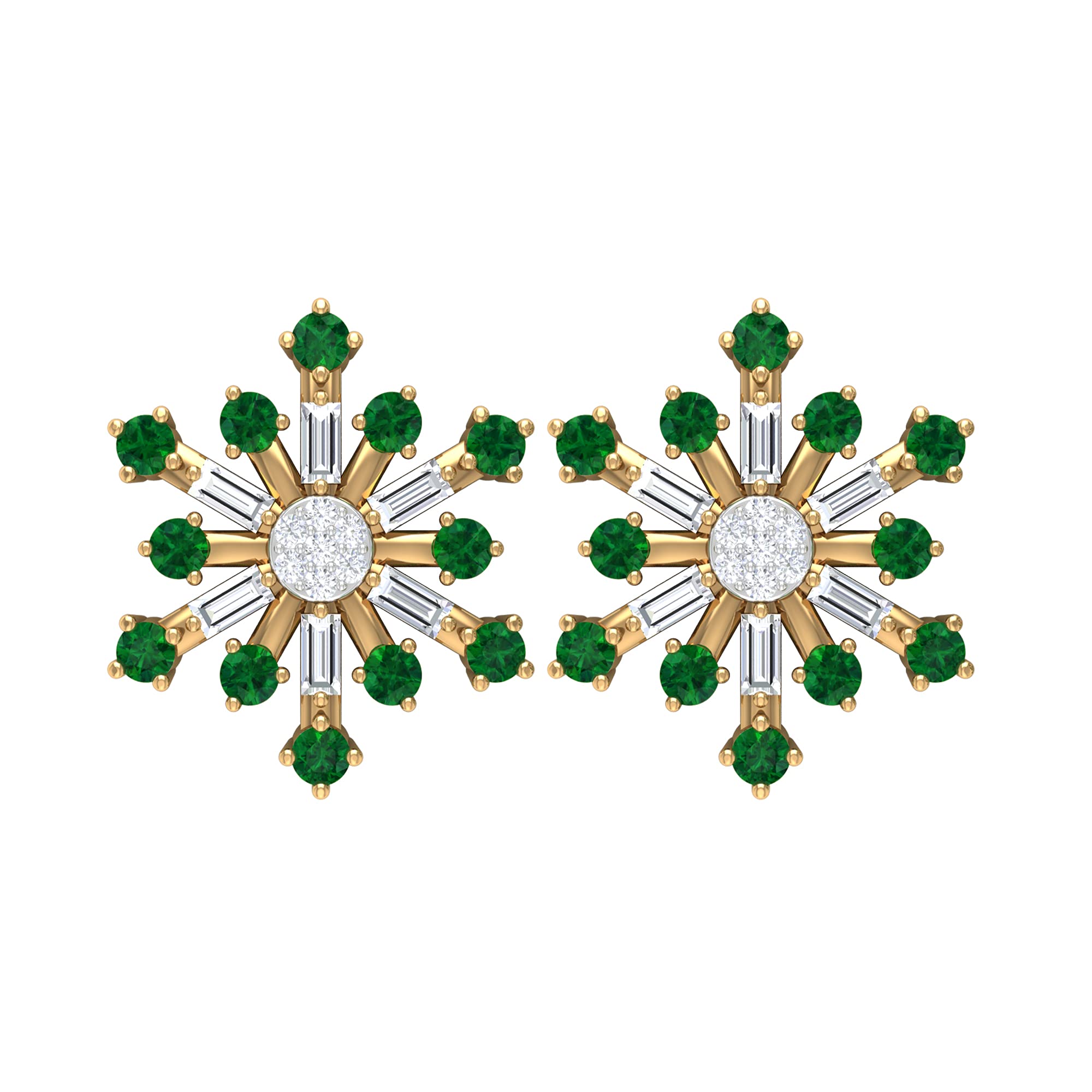 0.75 CT Emerald & Diamond Stud Earrings for Women - 14K Solid Gold Snowflake Design, Elegant Green Gemstone Jewelry Gift for Christmas, Anniversary & Special Occasions