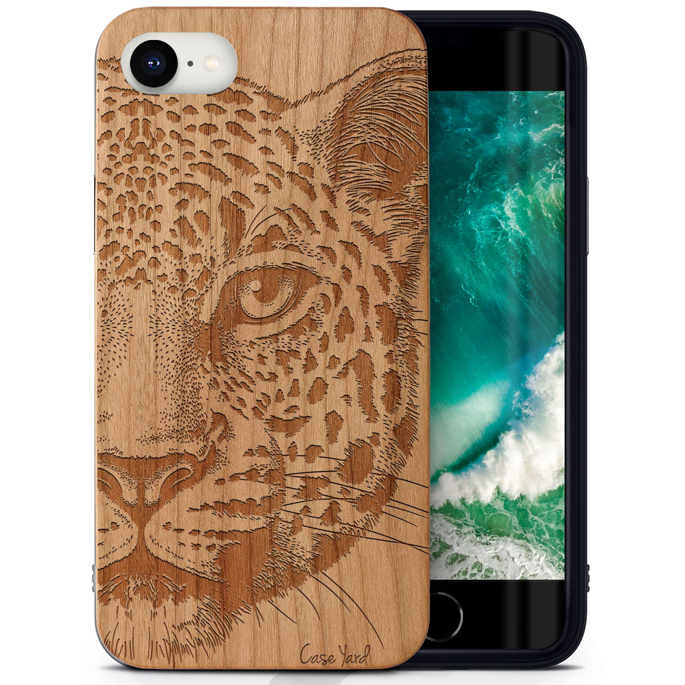 CaseYard Cherry Wood iPhone SE Case - Laser Engraved Leopard Sketch Design | Slim Fit Shockproof Protective Cover for Men & Women | Perfect for Outdoor Adventures & Everyday Use