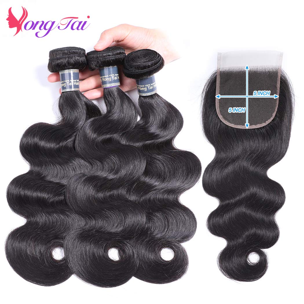 100% Unprocessed Brazilian Body Wave Virgin Hair Bundles (10 12 14+8, 1B) with 5x5 Lace Closure - Natural Human Hair Weft for Extensions & Weaves | Perfect for Daily Wear, Special Occasions & Salon Styling