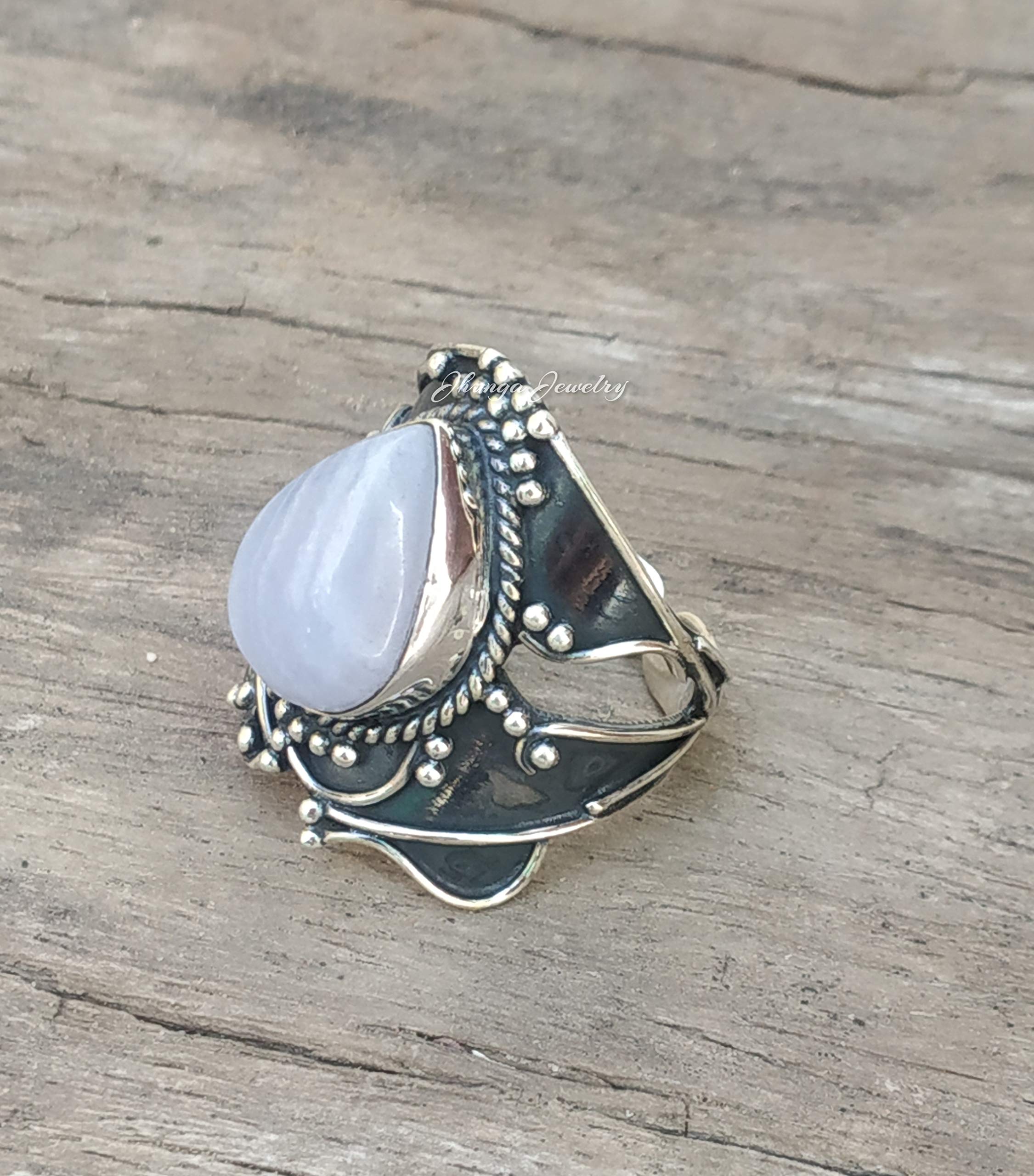 Blue Lace Agate Sterling Silver Ring | Gothic Statement Jewelry | Healing Crystal Engagement Ring | Boho Bridal Promise Ring | Natural Gemstone Gift for Women | Perfect for Weddings, Spiritual Healing & Boho Fashion