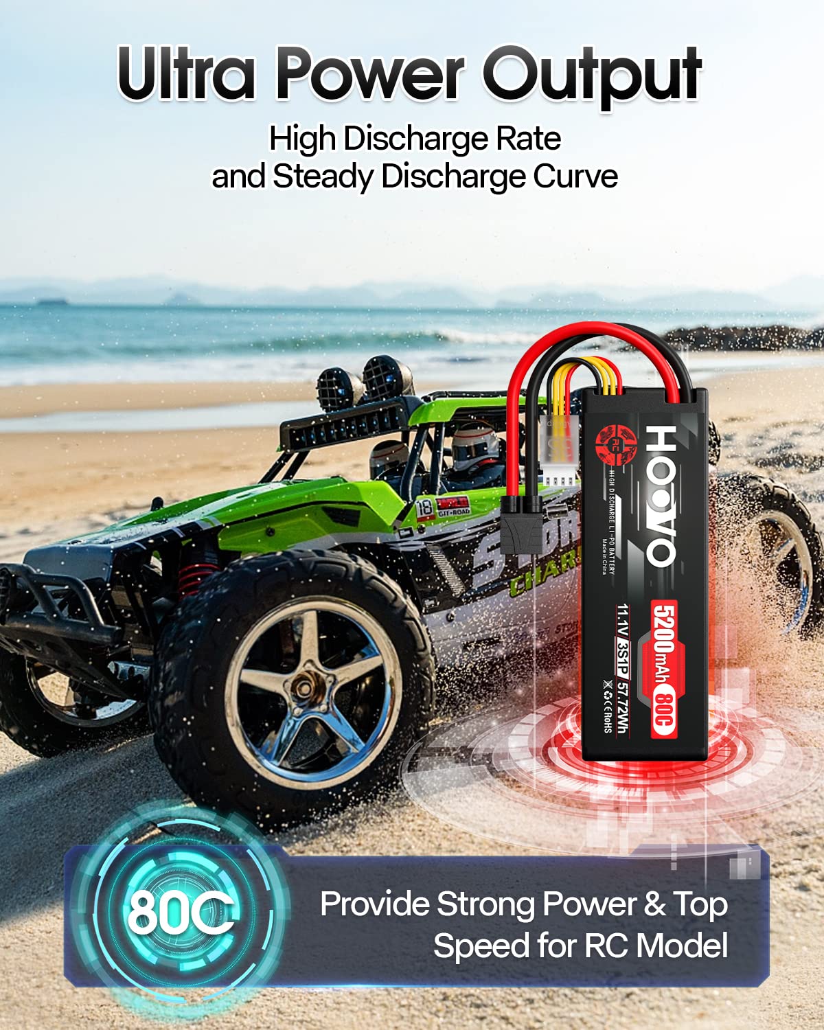 HOOVO 3S 11.1V 5200mAh 80C Lipo Battery with TR Plug - 2 Pack for RC Cars, Boats, Trucks, Truggy Racing, FPV Drones - High Performance Power for Hobbyists and Racing Enthusiasts