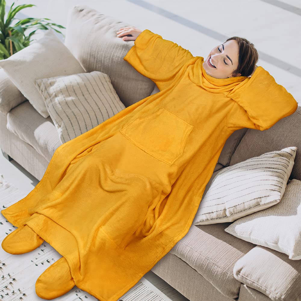 PAVILIA Fleece Blanket with Sleeves & Foot Pockets - Wearable Blanket for Women & Men, Soft Plush Throw Wrap, Warm Snuggle Robe Blanket - Perfect Cozy Gift for Wife, Mom, Adults (Mustard Yellow) - Great for Reading, Watching TV & Relaxing at Home