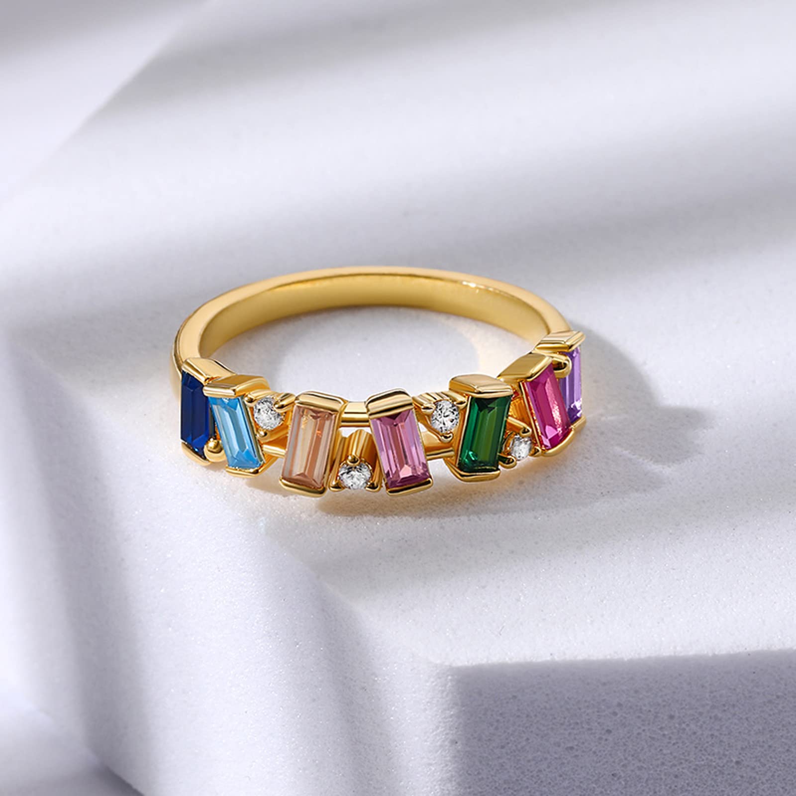Jeulia Sterling Silver Multi-Colored Gemstone Eternity Ring for Women - Emerald Cut Cubic Zirconia Rainbow Wedding, Anniversary, Engagement & Promise Band with Gift Box | Perfect for Birthstone Jewelry, Romantic Gifts & Special Occasions