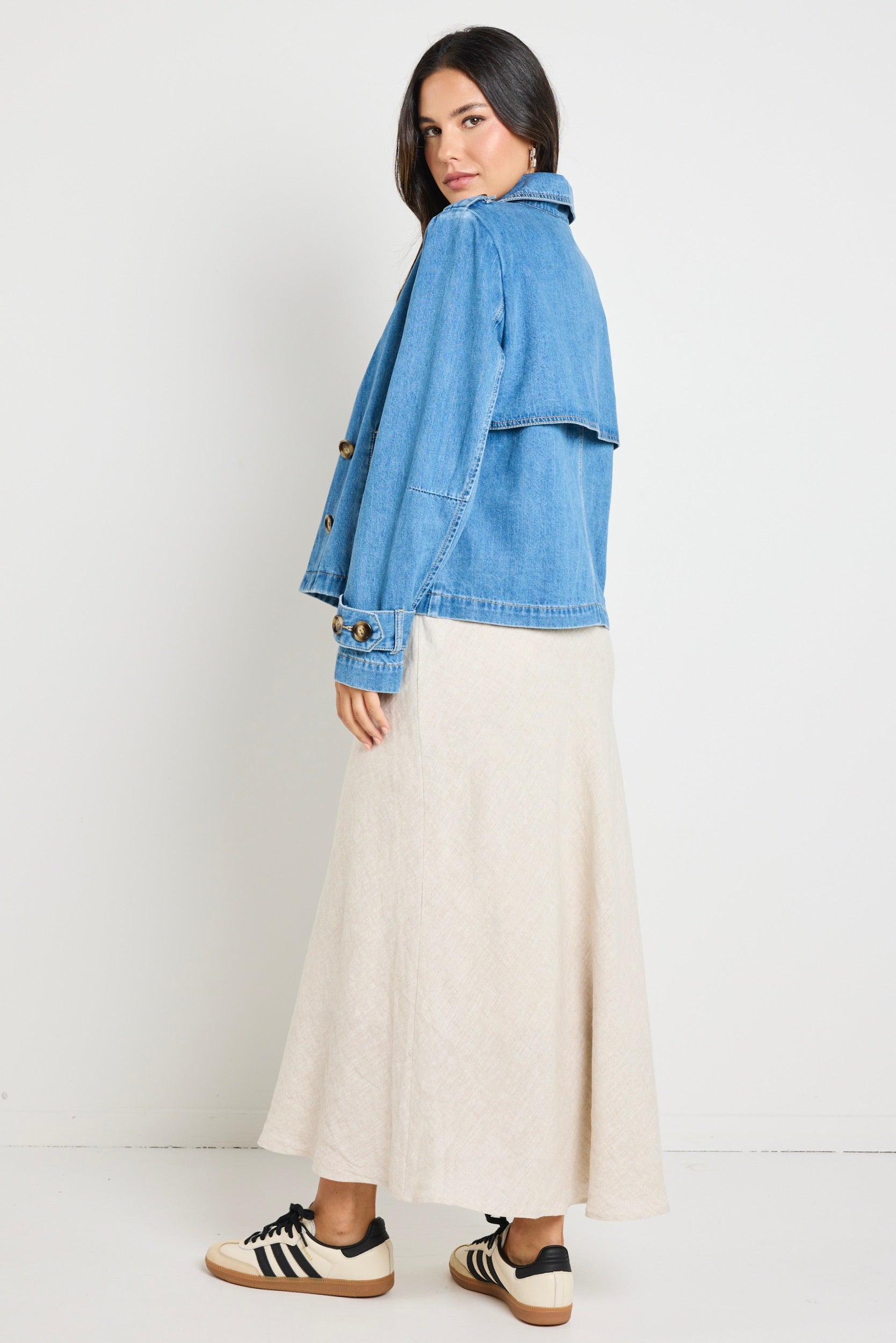 Heritage Storm Blue Cropped Denim Trench Jacket - Vintage Style Women's Denim Coat for Casual Outfits & Streetwear Fashion