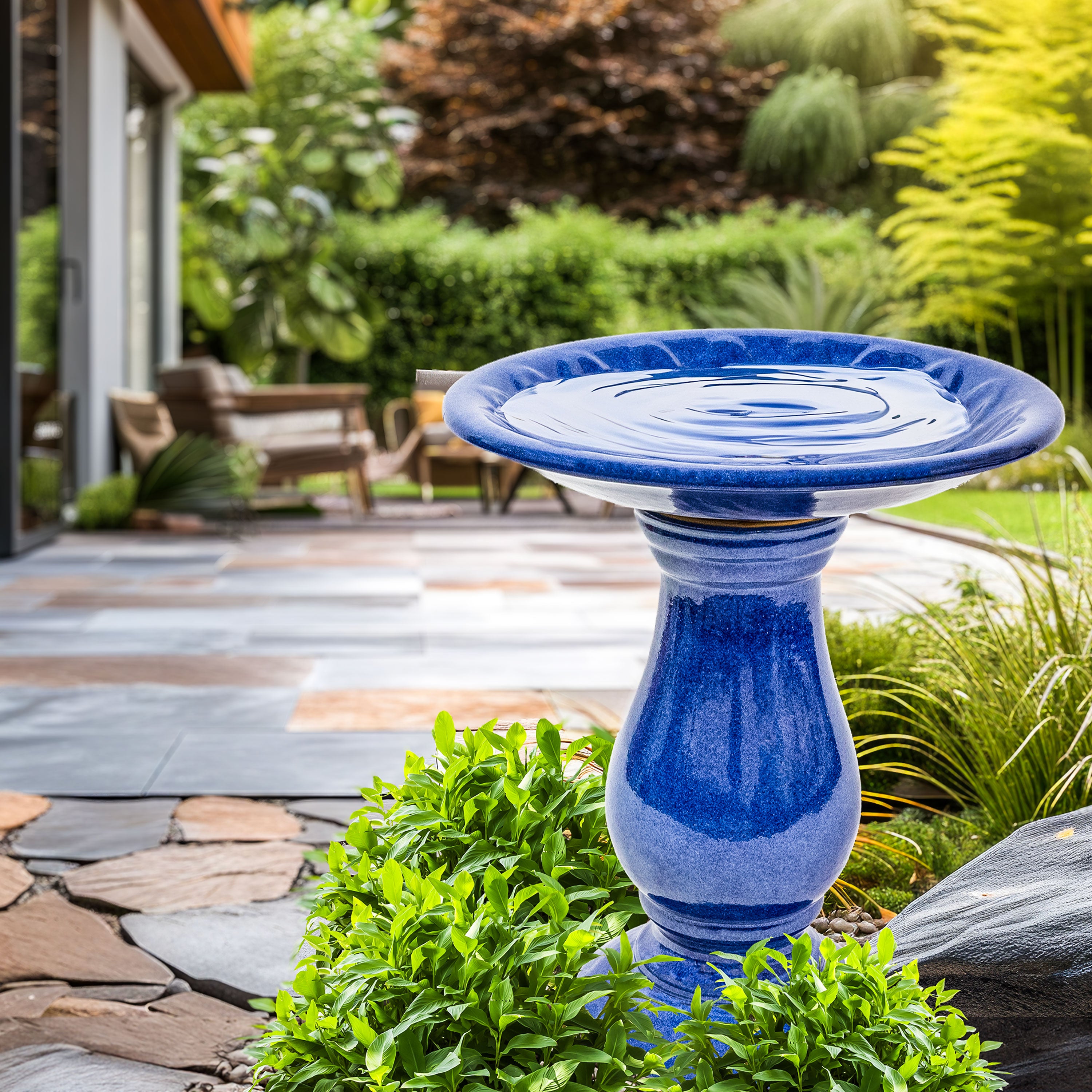 Sunnydaze Daisy Embossed Glazed Ceramic Bird Bath - 21.5 Inch Height, Blue Outdoor Garden Decor for Attracting Birds & Enhancing Backyard Aesthetics