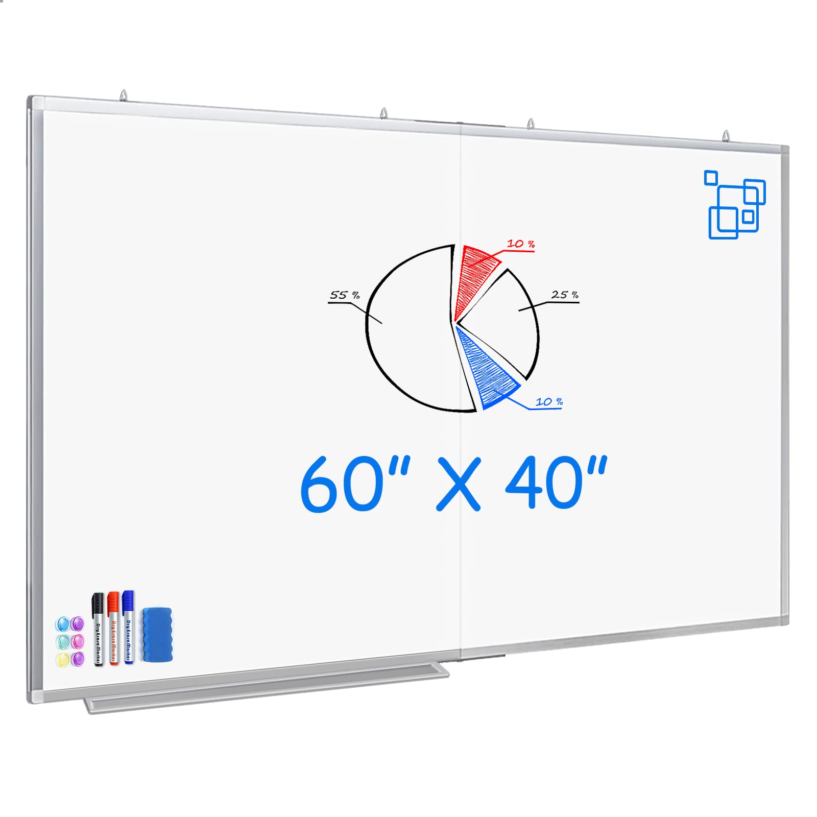 Maxtek 60x40 Inch Large Magnetic Whiteboard - Foldable Dry Erase Board with Marker Tray, 3 Markers, Eraser & 6 Magnets | Wall-Mounted Aluminum Frame Memo Board for Office, Home Classroom & Kids Room (White) - Perfect for Presentations, Schedules & Creative Brainstorming