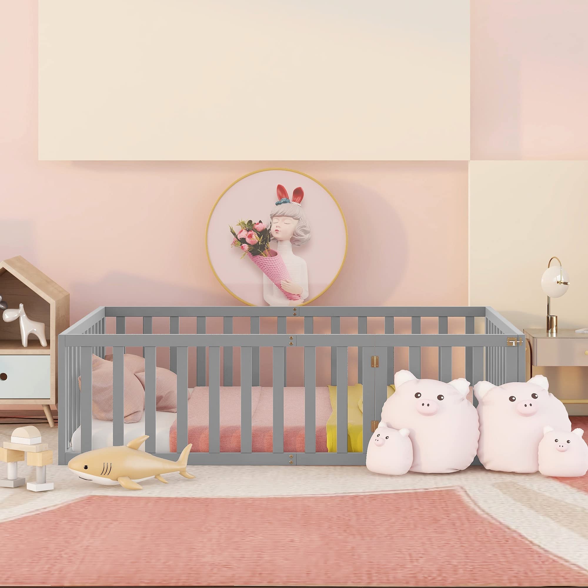 Bellemave Full Size Wooden Montessori Bed Frame for Kids with Fence-Shaped Guardrails & Door - Gray - Safe Toddler Bed for Daycare, Nursery & Children's Bedroom