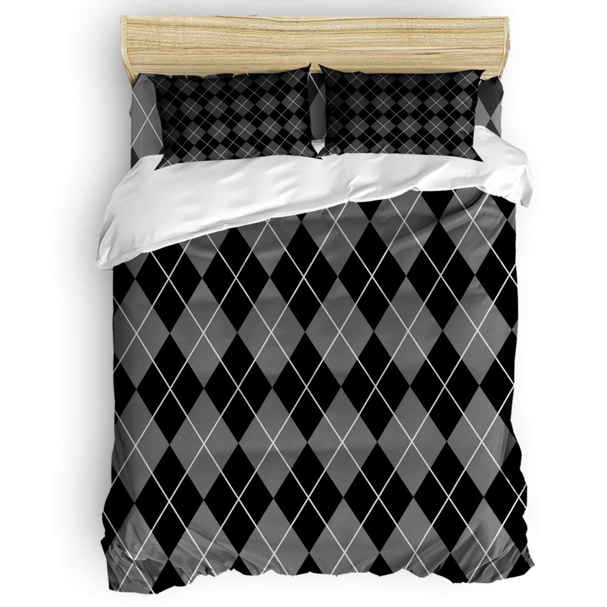 4-Piece Lightweight Microfiber Duvet Cover Set with Zipper Closure - Full Size Black & Gray Diamond Pattern Bedding (Includes 1 Duvet Cover & 2 Pillow Shams) - Soft Breathable Comforter Cover for Bedroom Decor & Guest Room Essentials