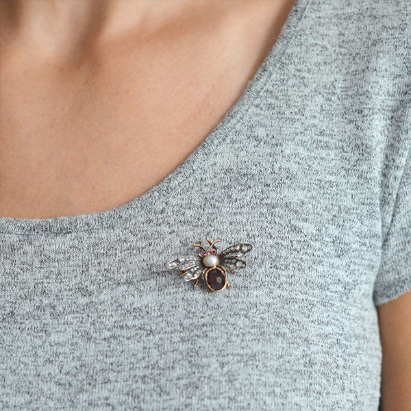 Antique Victorian 18K Gold Garnet Diamond Pearl Ruby Brooch Pin - Elegant Vintage Jewelry for Weddings, Parties & Special Occasions