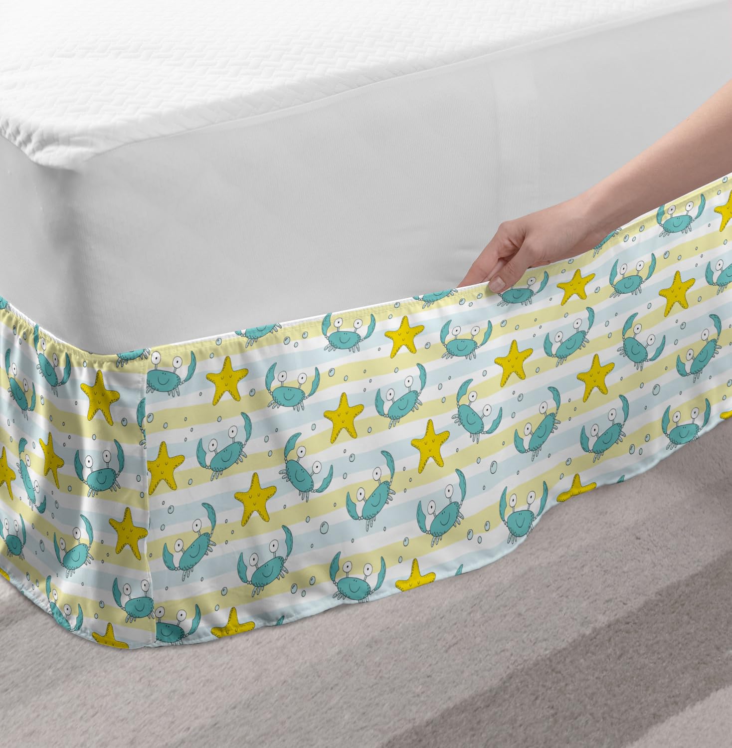 Ambesonne Marine Elastic Bed Skirt - Ocean Theme with Crabs, Starfish, Bubbles & Lines - Full Size Wrap Around Dust Ruffle for Bedroom - Yellow Seafoam - Perfect for Beach House Decor & Coastal Style Bedrooms