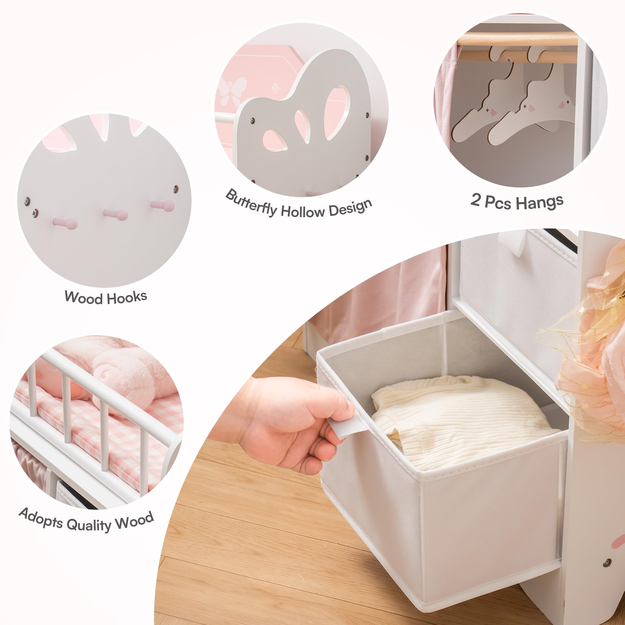 ROBOTIME Pink Wooden Doll Crib with Storage & Bedding - 21